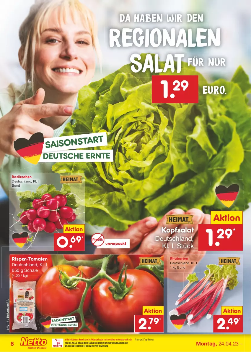 Aktueller Prospekt Netto Marken-Discount - Filial-Angebote - von 24.04 bis 29.04.2023 - strona 6 - produkty: asti, bestpreis, eis, kopfsalat, ndk, radieschen, reis, rhabarber, salat, Schal, Schale, Ti, tomate, tomaten