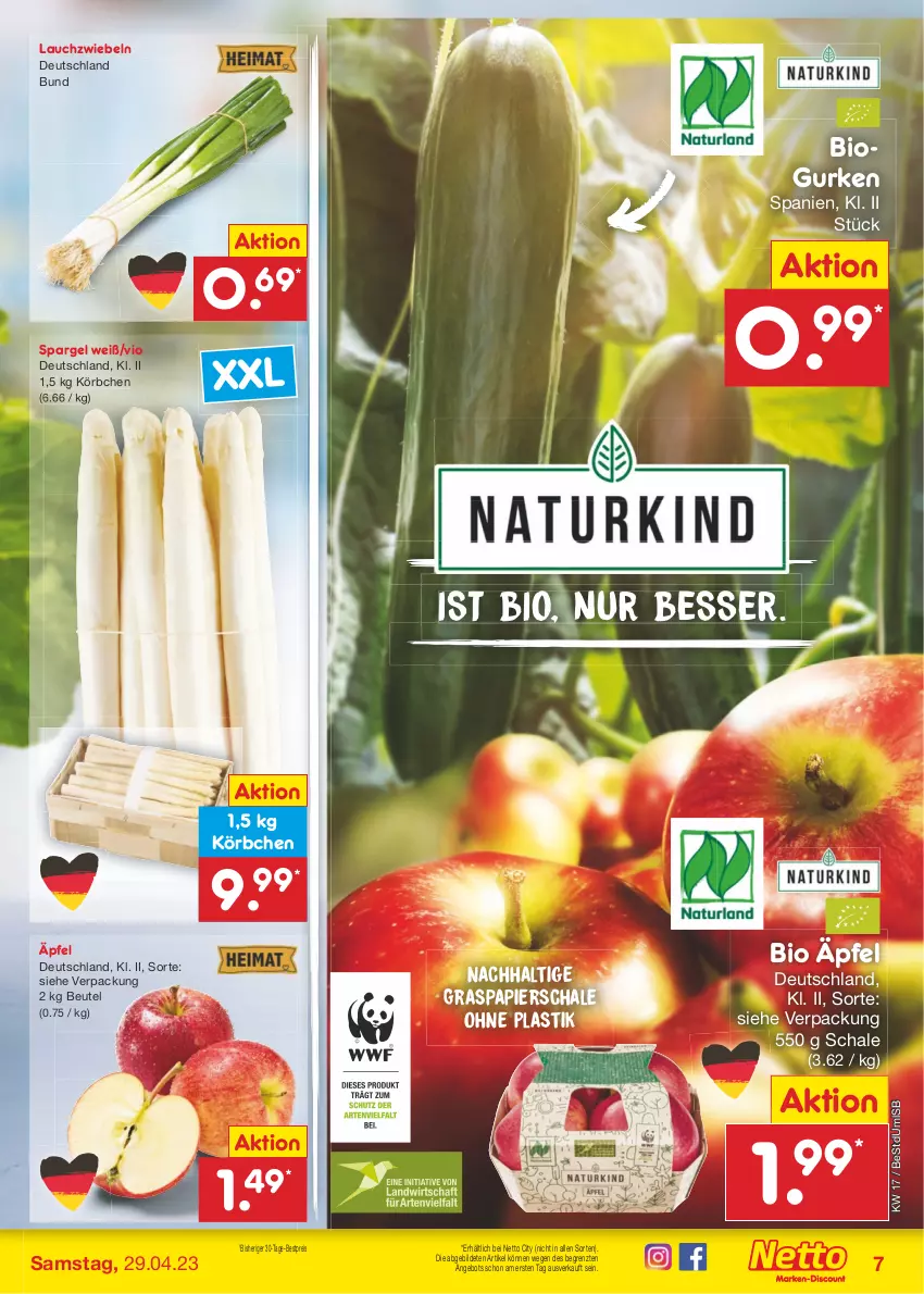 Aktueller Prospekt Netto Marken-Discount - Filial-Angebote - von 24.04 bis 29.04.2023 - strona 7 - produkty: angebot, asti, bestpreis, beutel, bio, eis, gurke, gurken, Körbchen, Lauchzwiebel, lauchzwiebeln, natur, papier, reis, Schal, Schale, spargel, Ti, ZTE, zwiebel, zwiebeln