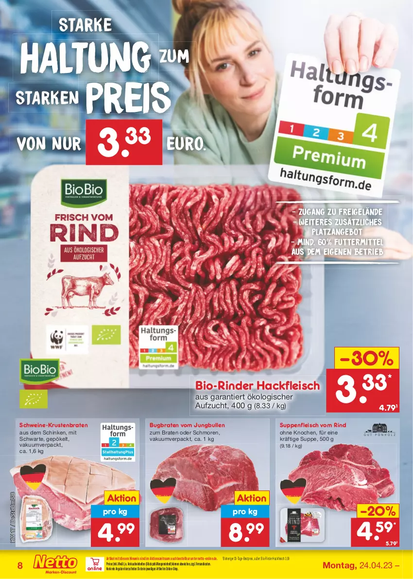 Aktueller Prospekt Netto Marken-Discount - Filial-Angebote - von 24.04 bis 29.04.2023 - strona 8 - produkty: angebot, bestpreis, bio, braten, eis, fleisch, hackfleisch, jungbullen, krustenbraten, ndk, reis, rind, rinder, schinken, schwein, schweine, suppe, suppen, suppenfleisch, Ti, wein, weine