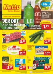 Gazetka promocyjna Netto Marken-Discount - Filial-Angebote - Gazetka - ważna od 29.04 do 29.04.2023 - strona 1 - produkty: angebot, asti, auer, berliner, bestpreis, bio, braten, butter, dauertiefpreis, eis, fleisch, géramont, gurke, gurken, hackfleisch, jacobs, Jacobs Meisterröstung, joghur, joghurt, kaffee, limette, limo, limonade, meggle, Meister, meisterröstung, Mett, ndk, pils, pilsner, reis, ritter, ritter sport, schwein, schweine, Sport, Streichzart, tee, Ti, tiefpreis, wein, weine, ZTE