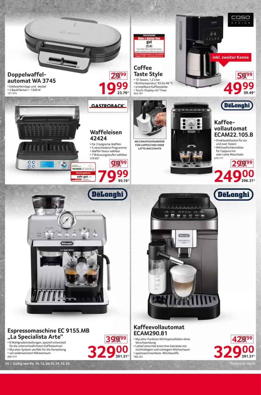 Aktueller Prospekt Selgros - Non Food - von 19.12 bis 24.12.2024 - strona 14 - produkty: ACC, auto, bohne, bohnen, Cap, cappuccino, chia, cin, decke, Deckel, delonghi, edelstahl, eis, espresso, gastroback, getränk, getränke, kaffee, kaffeebohnen, kaffeevollautomat, Karaffe, latte, latte macchiato, LG, mac, macchiato, milch, roba, Spezi, spülmaschinen, tasse, tee, Ti, timer, Waffeleisen, waffeln, WICK