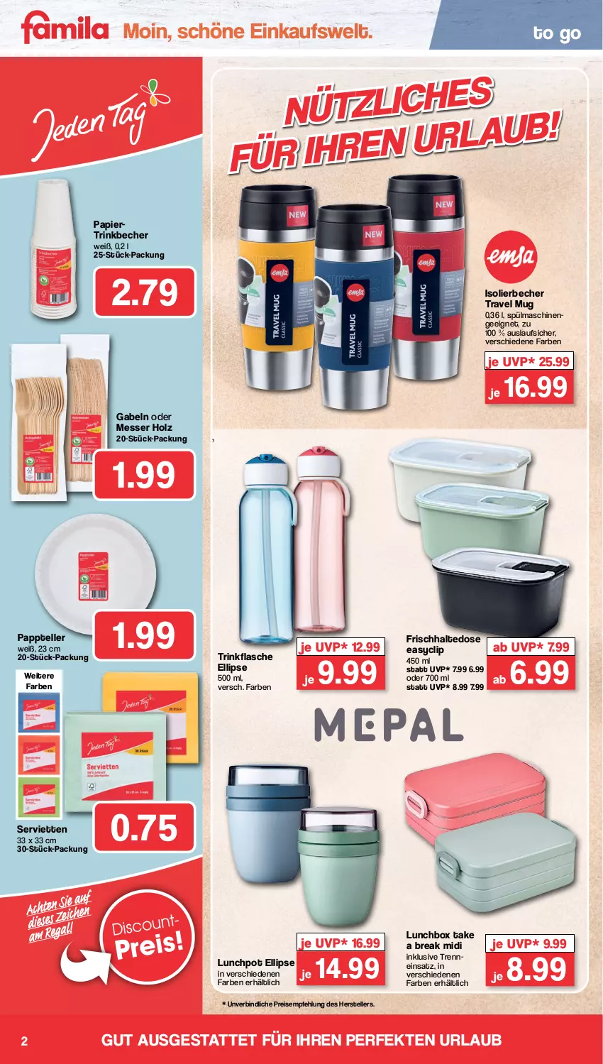 Aktueller Prospekt Famila - Prospekte - von 04.03 bis 09.03.2024 - strona 2 - produkty: Becher, eis, elle, flasche, gabel, Holz, HP, isolierbecher, lunchbox, messer, papier, reis, Serviette, servietten, spülmaschinen, teller, travel mug, trinkbecher, trinkflasche