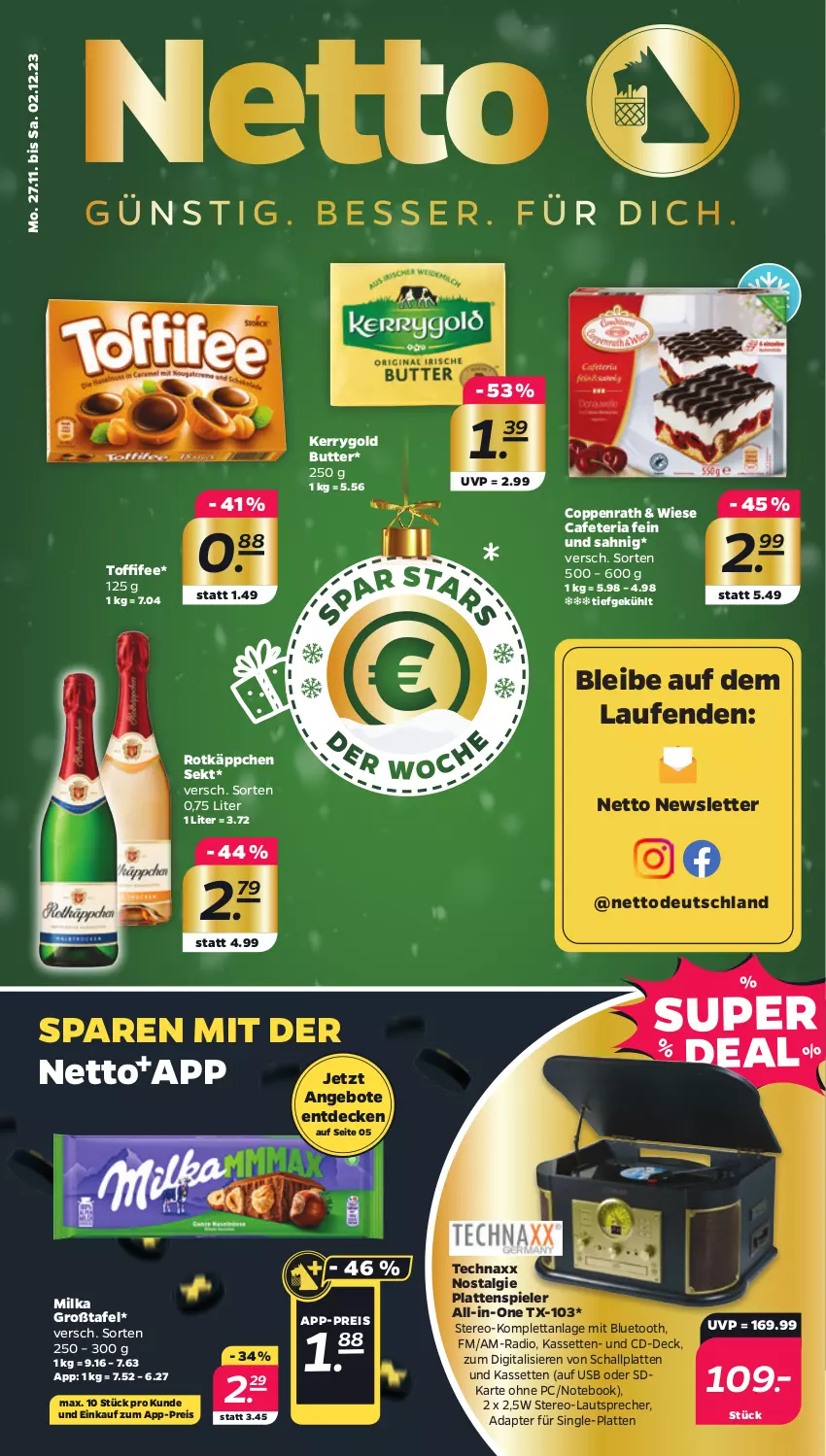 Aktueller Prospekt Netto - Woche 48 - von 27.11 bis 02.12.2023 - strona 1 - produkty: adapter, angebot, angebote, butter, coppenrath, decke, eis, kerrygold, latte, Laufen, lautsprecher, LG, milka, notebook, Radio, reis, Ria, rotkäppchen, Schal, sekt, Spiele, technaxx, Ti, toffifee, usb