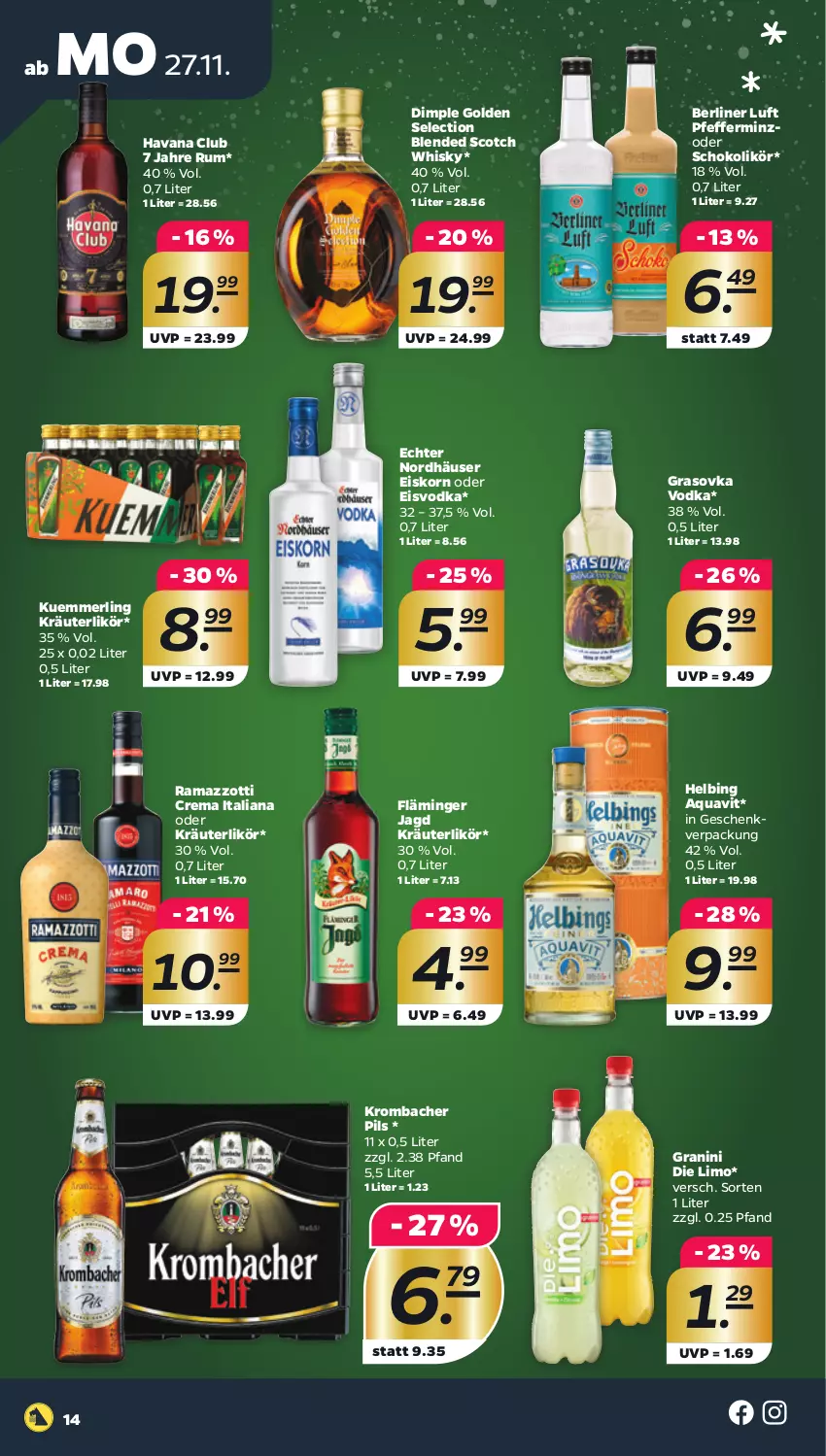 Aktueller Prospekt Netto - Woche 48 - von 27.11 bis 02.12.2023 - strona 14 - produkty: aqua, aquavit, berliner, berliner luft, blended scotch, blended scotch whisky, eis, granini, granini die limo, Havana Club, korn, kräuter, kräuterlikör, krombache, krombacher, krombacher pils, kuemmerling, likör, limo, merl, oder kräuter, pfeffer, pils, rama, ramazzott, ramazzotti, rum, schoko, scotch, scotch whisky, Ti, vodka, whisky, zott