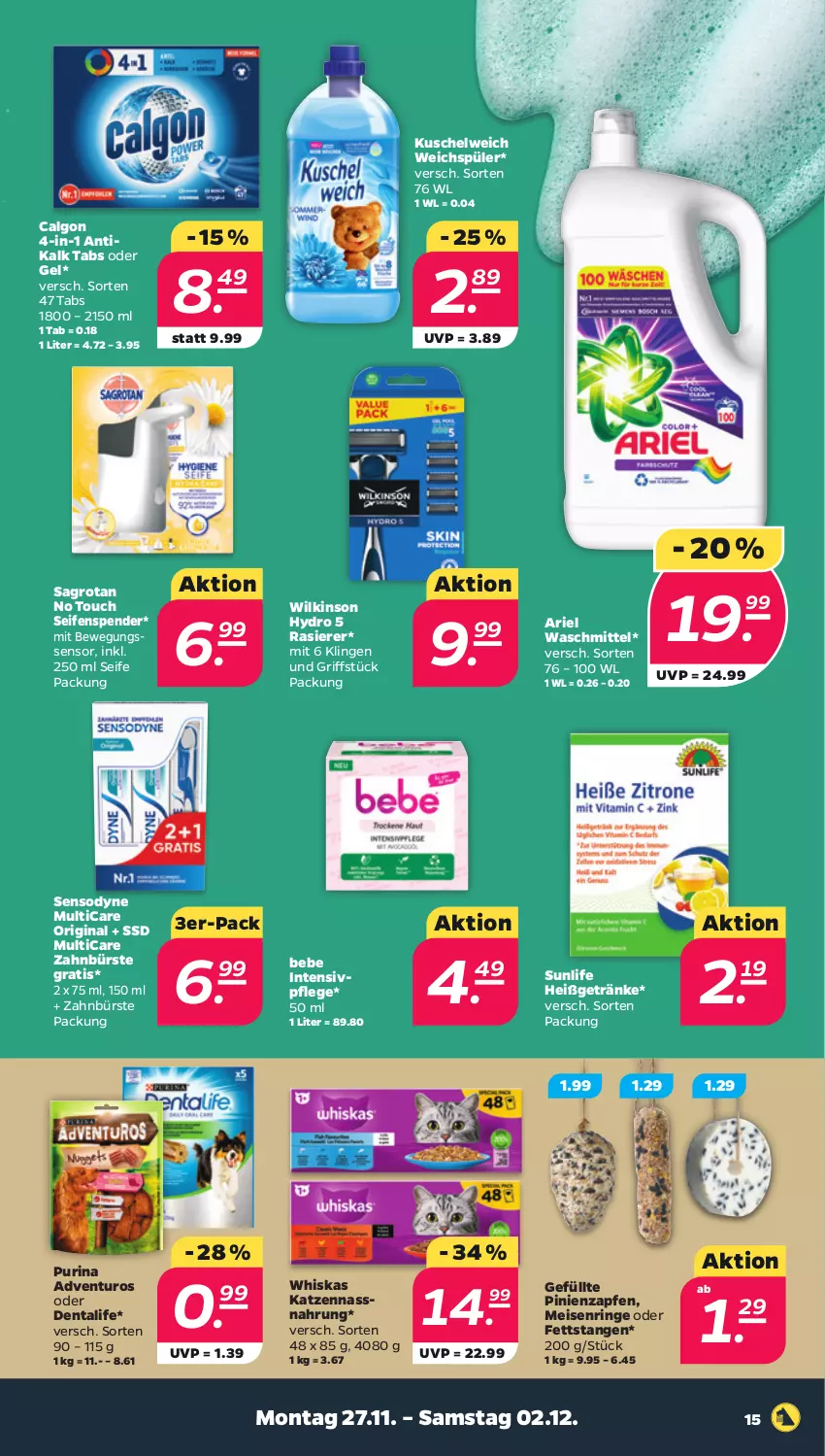 Aktueller Prospekt Netto - Woche 48 - von 27.11 bis 02.12.2023 - strona 15 - produkty: adventuros, ariel, ariel waschmittel, Bebe, Bewegungssensor, bürste, calgon, eis, getränk, getränke, gin, Kuschelweich, LG, Nassnahrung, purina, rasierer, ring, sagrotan, Seife, seifenspender, sensodyne, ssd, Ti, waschmittel, weichspüler, whiskas, wilkinson, zahnbürste