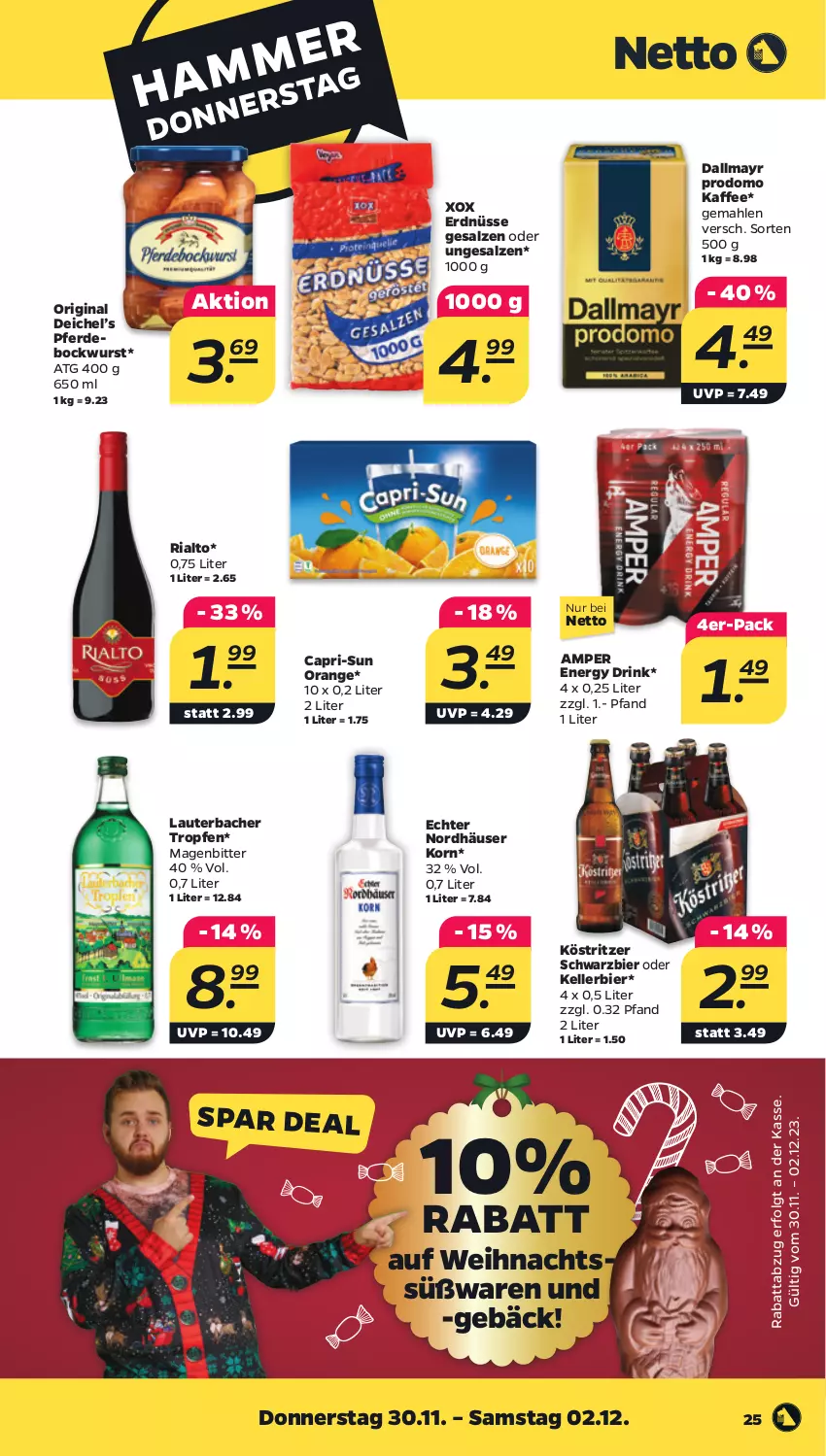 Aktueller Prospekt Netto - Woche 48 - von 27.11 bis 02.12.2023 - strona 25 - produkty: bier, bockwurst, Cap, capri-sun, dallmayr, dallmayr prodomo, drink, elle, energy drink, erde, erdnüsse, gin, kaffee, kellerbier, korn, köstritzer, LG, orange, prodomo, Ria, salz, Ti, wurst