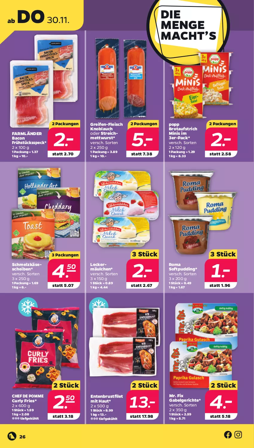 Aktueller Prospekt Netto - Woche 48 - von 27.11 bis 02.12.2023 - strona 26 - produkty: aufstrich, bacon, brot, brotaufstrich, brustfilet, eis, ente, Entenbrust, filet, fleisch, Frühstücksspeck, gabel, Käse, käsescheiben, knoblauch, leckermäulchen, LG, Mett, mettwurst, Popp, pudding, reifen, Schmelzkäse, Speck, Ti, wurst