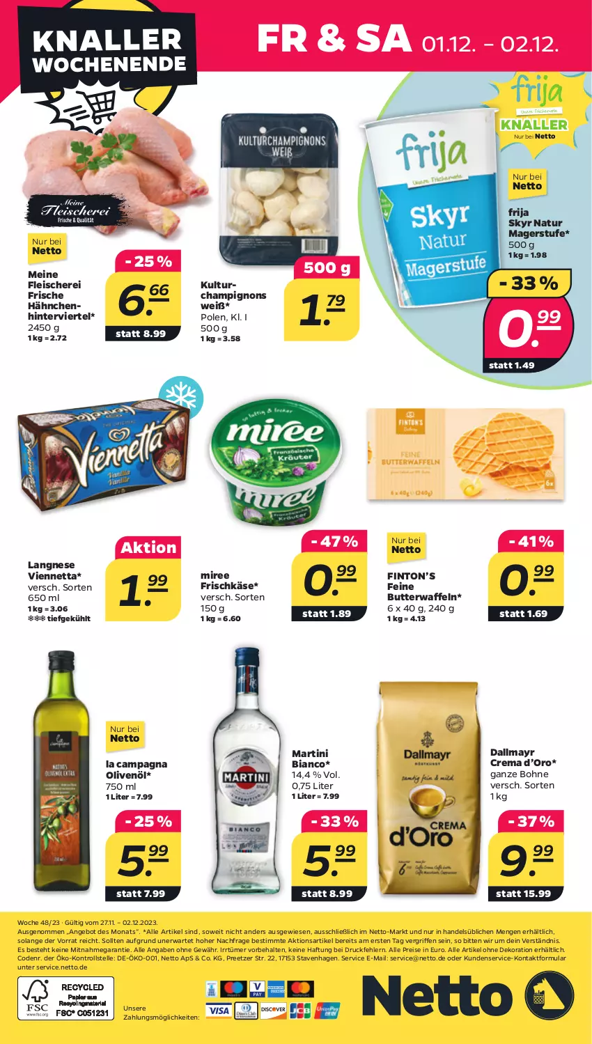 Aktueller Prospekt Netto - Woche 48 - von 27.11 bis 02.12.2023 - strona 28 - produkty: alle artikel ohne dekoration, angebot, bohne, butter, champignon, champignons, dallmayr, dekoration, eis, elle, fleisch, Fleischerei, Frische Hähnchen, frischkäse, Käse, langnese, martini, miree, natur, olive, oliven, olivenöl, reis, Schere, Skyr, Ti, viennetta, waffeln