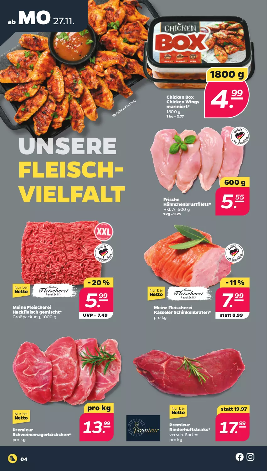 Aktueller Prospekt Netto - Woche 48 - von 27.11 bis 02.12.2023 - strona 4 - produkty: braten, brustfilet, chicken wings, eis, filet, filets, fleisch, Fleischerei, Frische Hähnchen, hackfleisch, hackfleisch gemischt, hähnchenbrust, hähnchenbrustfilet, hüftsteak, hüftsteaks, kasseler, rind, rinder, Schere, schinken, schinkenbraten, schwein, schweine, steak, steaks, wein, weine