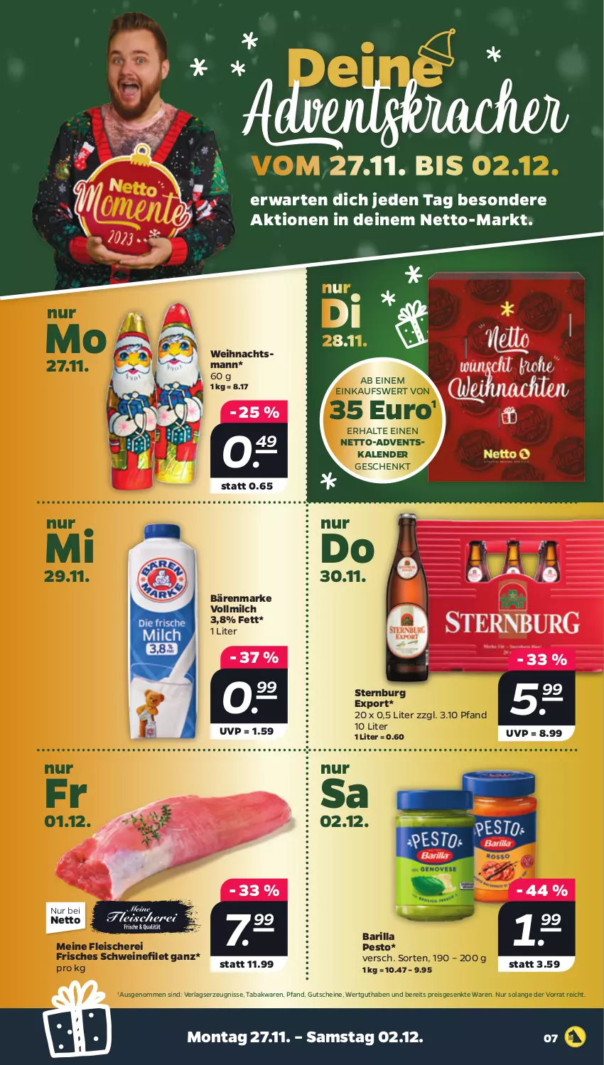 Aktueller Prospekt Netto - Woche 48 - von 27.11 bis 02.12.2023 - strona 7 - produkty: Adventskalender, bärenmarke, barilla, eis, filet, fleisch, Fleischerei, gutschein, gutscheine, kracher, milch, pesto, reis, Schere, schwein, schweine, schweinefilet, Sternburg, Ti, vollmilch, wein, weine