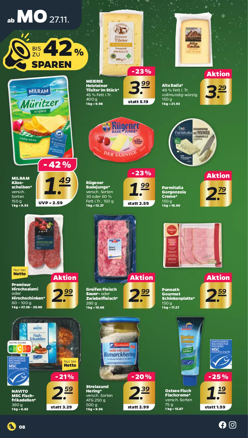 Aktueller Prospekt Netto - Woche 48 - von 27.11 bis 02.12.2023 - strona 8 - produkty: auer, Bad, creme, dell, eier, eis, elle, fisch, fleisch, frikadellen, gorgonzola, hering, holsteiner, Käse, käsescheiben, latte, milram, ponnath, reifen, rel, ring, Rügener, rügener badejunge, salami, schinken, steiner, Ti, Tilsiter, zwiebel