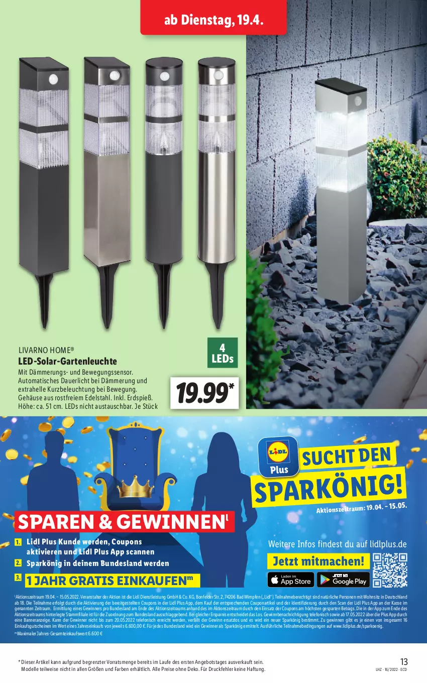 Aktueller Prospekt Lidl - Aktionsprospekt - von 19.04 bis 23.04.2022 - strona 13 - produkty: angebot, auer, aust, auto, Bad, beleuchtung, Bewegungssensor, coupon, coupons, dell, edelstahl, eis, elle, erde, Garten, gutschein, gutscheine, leds, Leuchte, LG, Mode, reis, telefon, Ti, tisch, ZTE