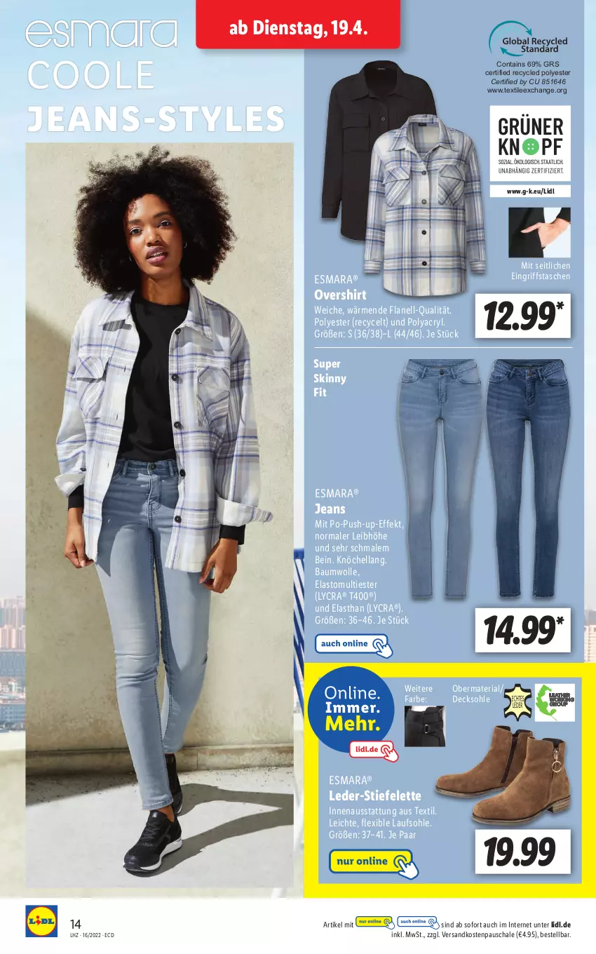 Aktueller Prospekt Lidl - Aktionsprospekt - von 19.04 bis 23.04.2022 - strona 14 - produkty: Bau, baumwolle, decksohle, esmara, hella, jeans, ndk, Push-up, Ria, Schal, Schale, shirt, Tasche, taschen, Ti, wolle