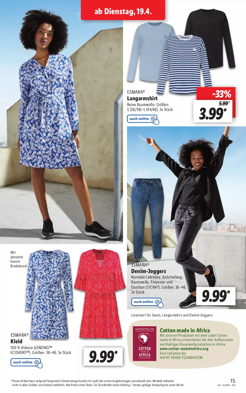 Aktueller Prospekt Lidl - Aktionsprospekt - von 19.04 bis 23.04.2022 - strona 15 - produkty: angebot, Bau, baumwolle, dell, ecovero, eis, elle, esmara, hella, jeans, kleid, Langarmshirt, lenzing, Mode, reine baumwolle, reis, shirt, Ti, wolle, ZTE