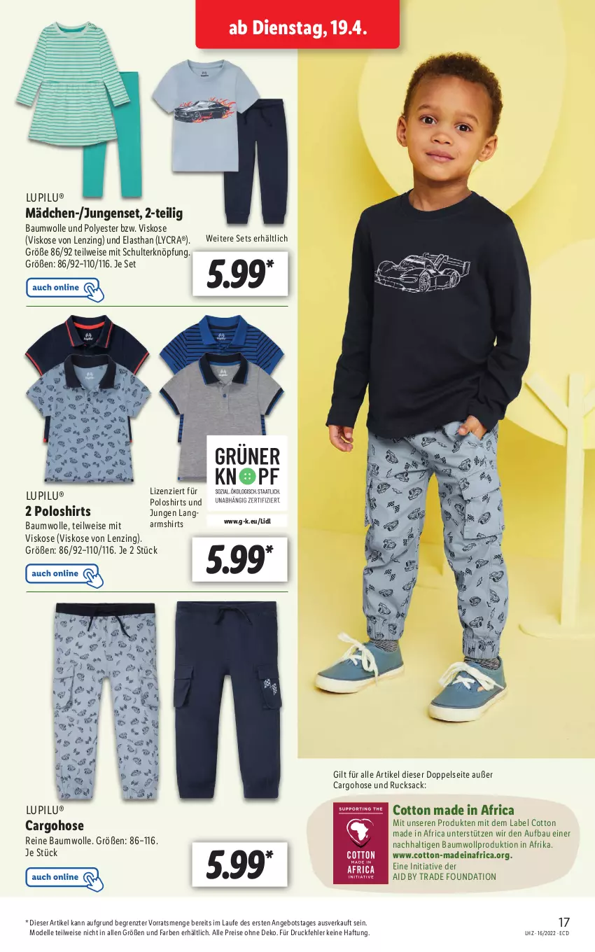 Aktueller Prospekt Lidl - Aktionsprospekt - von 19.04 bis 23.04.2022 - strona 17 - produkty: angebot, Bau, baumwolle, dell, eis, elle, hose, Langarmshirt, lenzing, lupilu, Mode, poloshirt, reine baumwolle, reis, rucksack, sac, shirt, shirts, Ti, wolle, ZTE