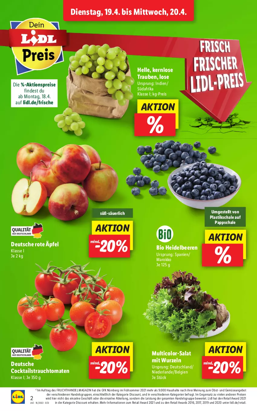 Aktueller Prospekt Lidl - Aktionsprospekt - von 19.04 bis 23.04.2022 - strona 2 - produkty: Abtei, aktionspreis, angebot, asti, beere, beeren, bio, cocktail, cocktails, discount, eis, elle, frucht, heidelbeere, heidelbeeren, LG, magazin, obst, Rauch, reis, salat, Schal, Schale, strauchtomaten, Ti, tomate, tomaten, trauben, und gemüse