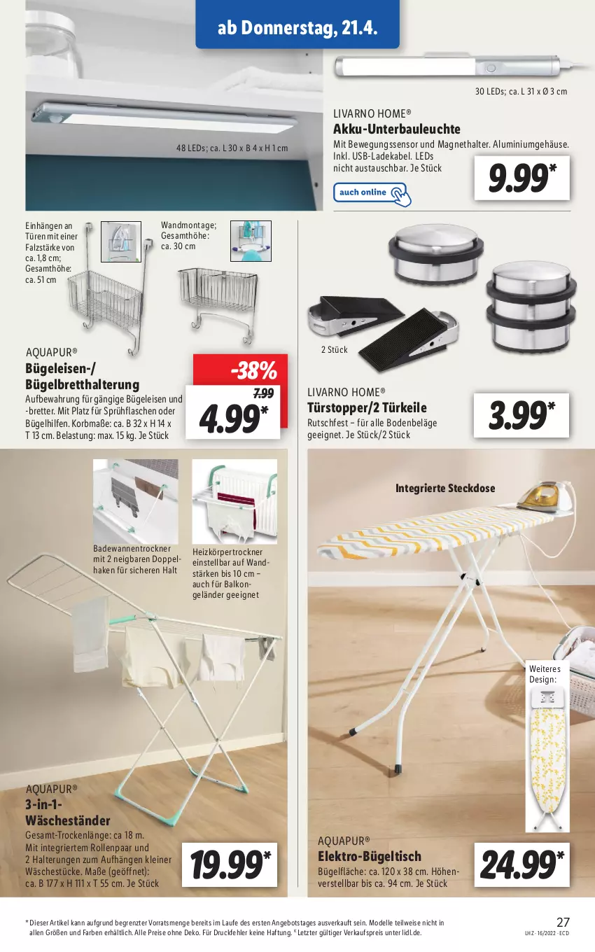 Aktueller Prospekt Lidl - Aktionsprospekt - von 19.04 bis 23.04.2022 - strona 27 - produkty: akku, angebot, aqua, AquaPur, aust, Bad, Badewanne, Bau, Bewegungssensor, bügel, Bügeleisen, bügeltisch, deka, dell, eis, Elektro, elle, flasche, korb, ladekabel, leds, leine, Leuchte, Mode, reis, sprühflasche, steckdose, Ti, tisch, topper, Trockner, türstopper, usb, Wanne, ZTE