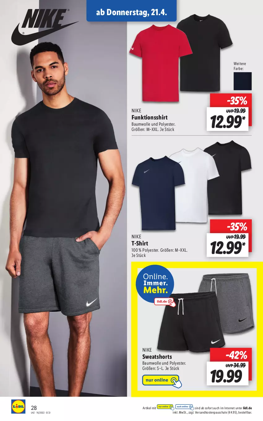 Aktueller Prospekt Lidl - Aktionsprospekt - von 19.04 bis 23.04.2022 - strona 28 - produkty: Bau, baumwolle, funktionsshirt, ndk, Nike, Schal, Schale, shirt, shorts, sweatshorts, T-Shirt, Ti, wolle