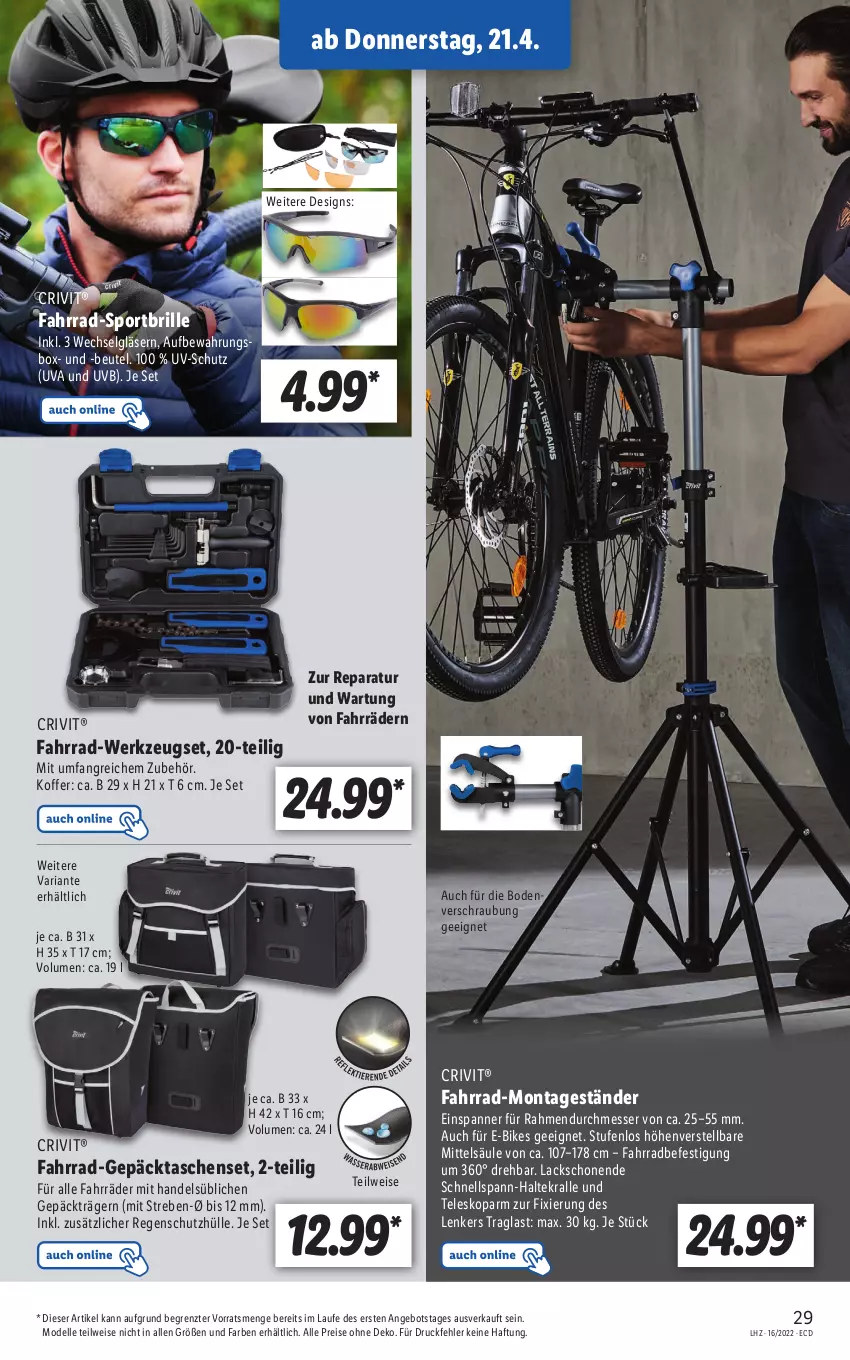 Aktueller Prospekt Lidl - Aktionsprospekt - von 19.04 bis 23.04.2022 - strona 29 - produkty: angebot, aufbewahrungsbox, beutel, Brille, crivit, dell, E-Bike, E-Bikes, eis, elle, Fahrrad, Gläser, koffer, lack, LG, messer, Mode, Regenschutz, reis, Ria, Sport, Sportbrille, Tasche, taschen, Teleskop, Ti, uv-schutz, werkzeug, ZTE