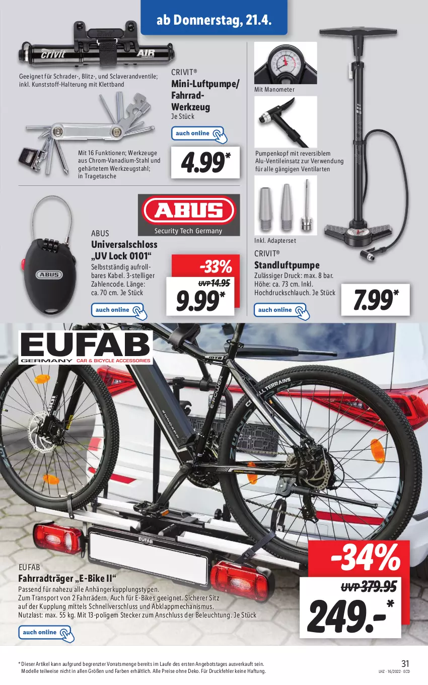 Aktueller Prospekt Lidl - Aktionsprospekt - von 19.04 bis 23.04.2022 - strona 31 - produkty: abus, adapter, angebot, Anhänger, beleuchtung, crivit, dell, E-Bike, E-Bikes, eis, elle, eufab, Fahrrad, lavera, lenco, Mode, reis, rwe, schlauch, Sport, Tasche, Ti, tragetasche, werkzeug, werkzeuge, ZTE