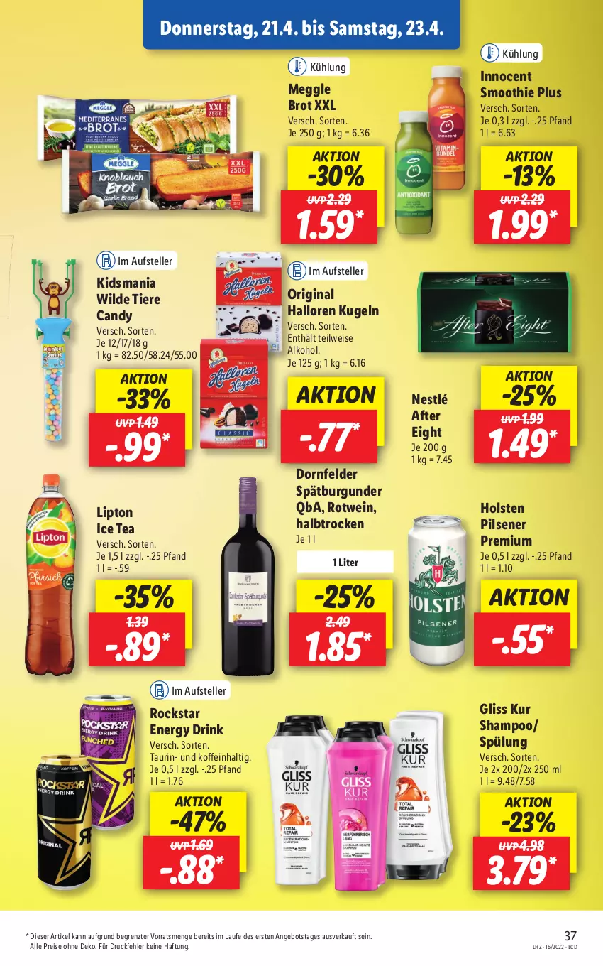 Aktueller Prospekt Lidl - Aktionsprospekt - von 19.04 bis 23.04.2022 - strona 37 - produkty: after eight, alkohol, angebot, brot, burgunder, dornfelder, drink, eis, elle, energy drink, gin, gliss, gliss kur, holsten, holsten pilsener, ice tea, Innocent, Kugel, lipton, lipton ice tea, meggle, nestlé, pils, pilsener, reis, Rockstar, rotwein, shampoo, smoothie, spätburgunder, spülung, teller, Ti, Tiere, wein, Wild, ZTE