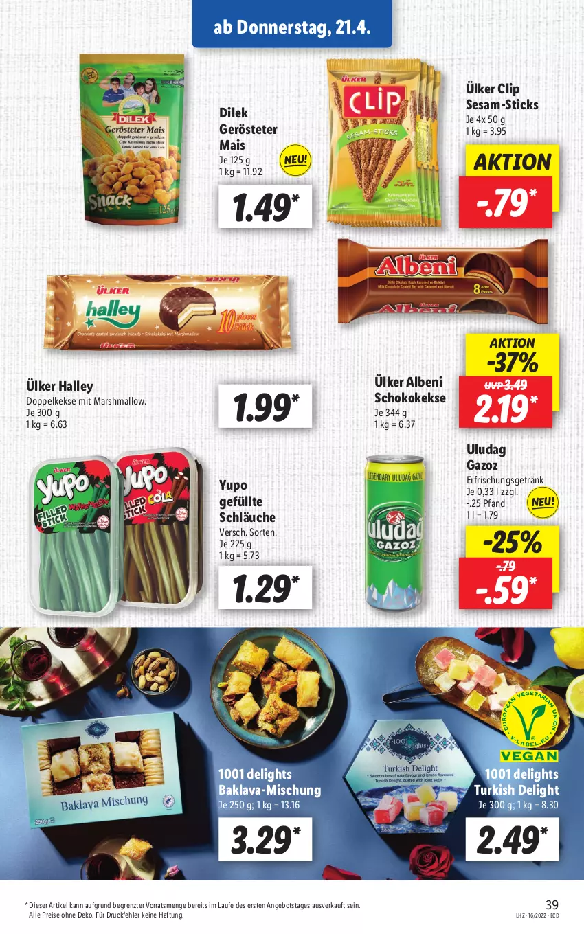 Aktueller Prospekt Lidl - Aktionsprospekt - von 19.04 bis 23.04.2022 - strona 39 - produkty: angebot, Baklava, Doppelkekse, eis, erfrischungsgetränk, getränk, keks, kekse, mais, mars, reis, schläuche, schoko, sesam, Ti, ZTE