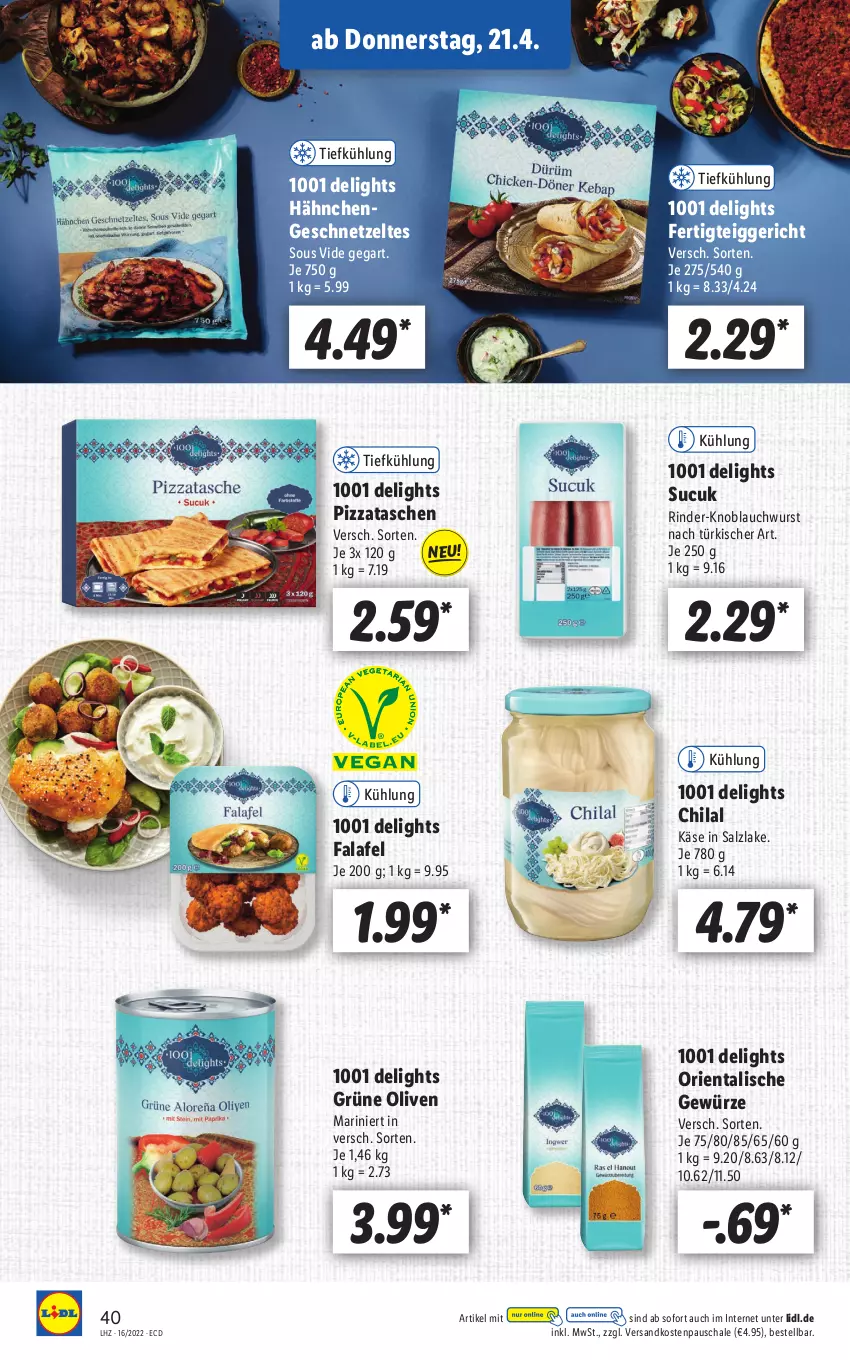 Aktueller Prospekt Lidl - Aktionsprospekt - von 19.04 bis 23.04.2022 - strona 40 - produkty: Falafel, geschnetzeltes, gewürz, grüne oliven, Hähnchengeschnetzeltes, Käse, knoblauch, ndk, olive, oliven, pizza, rind, rinder, salz, Schal, Schale, Sucuk, Tasche, taschen, Ti, wurst, Zelt