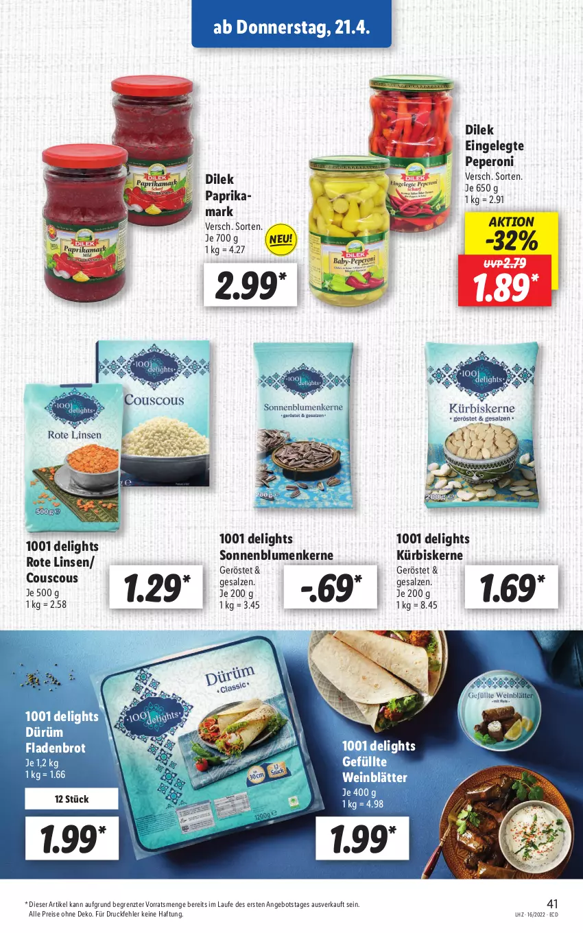 Aktueller Prospekt Lidl - Aktionsprospekt - von 19.04 bis 23.04.2022 - strona 41 - produkty: angebot, blume, blumen, brot, couscous, eis, Fladenbrot, Kürbis, kürbiskerne, linsen, paprika, peperoni, Peroni, reis, Rote Linsen, salz, sonnenblume, sonnenblumen, Sonnenblumenkerne, Ti, wein, ZTE