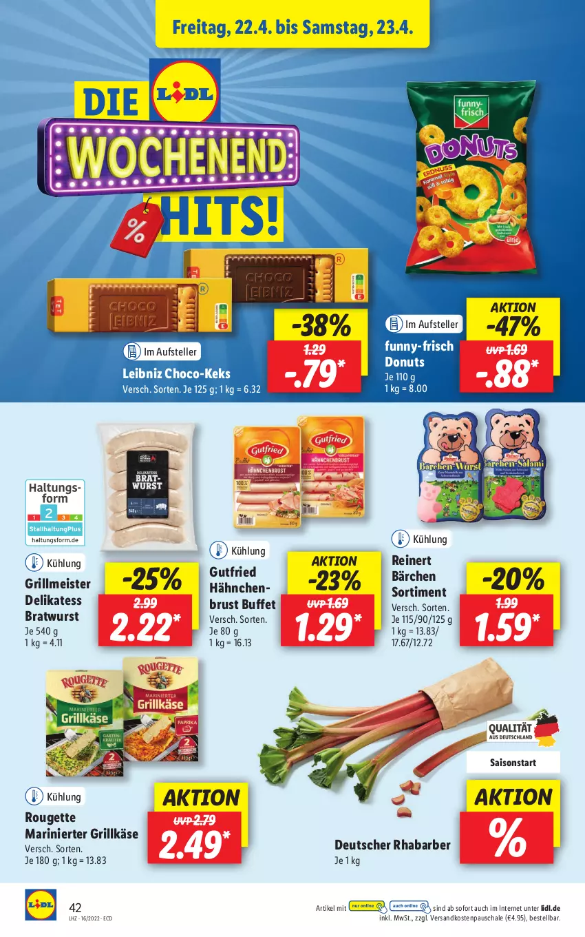 Aktueller Prospekt Lidl - Aktionsprospekt - von 19.04 bis 23.04.2022 - strona 42 - produkty: bratwurst, Donut, donuts, eis, elle, funny-frisch, grill, Grillkäse, gutfried, hähnchenbrust, Käse, keks, leibniz, Meister, ndk, reinert, rhabarber, rouge, rougette, Schal, Schale, teller, Ti, wurst