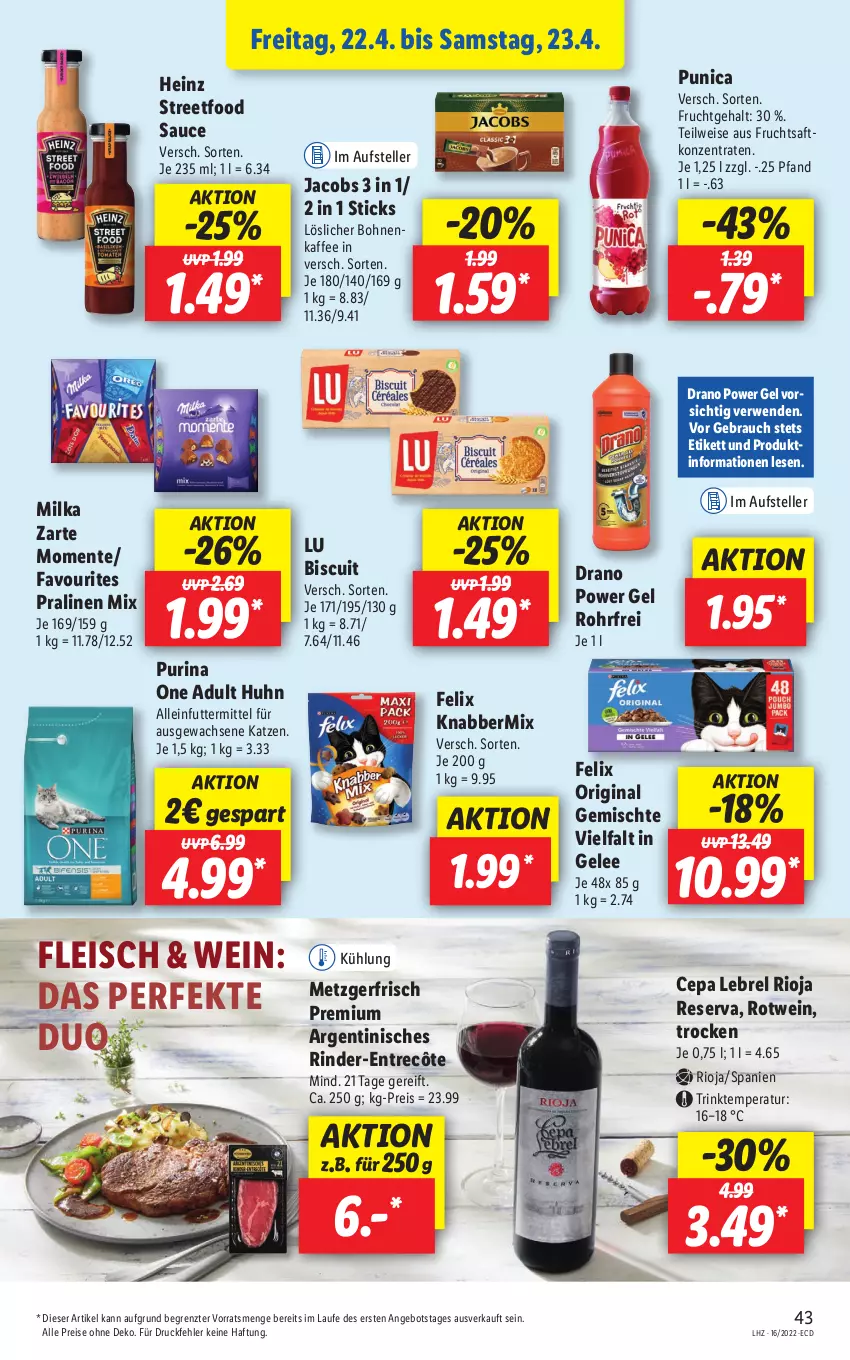 Aktueller Prospekt Lidl - Aktionsprospekt - von 19.04 bis 23.04.2022 - strona 43 - produkty: alleinfuttermittel, angebot, bohne, bohnen, bohnenkaffee, eis, elle, ente, entrecôte, felix, fleisch, frucht, fruchtsaft, gelee, gin, heinz, jacobs, kaffee, löslicher bohnenkaffee, milka, pralinen, punica, purina, Rauch, reis, rel, rind, rinder, rioja, rotwein, rwe, saft, sauce, teller, Ti, wein, ZTE