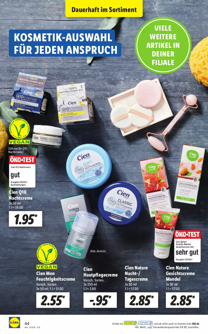 Aktueller Prospekt Lidl - Aktionsprospekt - von 19.04 bis 23.04.2022 - strona 44 - produkty: auer, Cien, creme, feuchtigkeitscreme, Gesichtscreme, Hautpflege, kosmetik, mandel, nachtcreme, natur, ndk, Pflegecreme, Q10, Schal, Schale, tagescreme, Ti