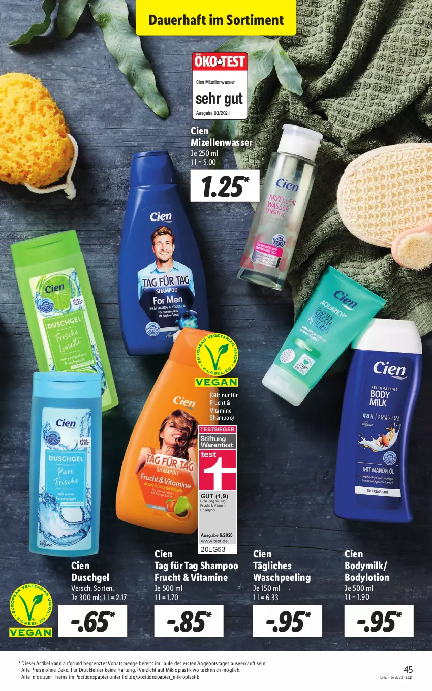 Aktueller Prospekt Lidl - Aktionsprospekt - von 19.04 bis 23.04.2022 - strona 45 - produkty: angebot, asti, auer, body, bodylotion, Bodymilk, Cien, duschgel, eis, elle, frucht, HP, kosmetik, LG, Lotion, mizellen, natur, papier, Peeling, reis, shampoo, Ti, vita, Vitamine, wasser, ZTE