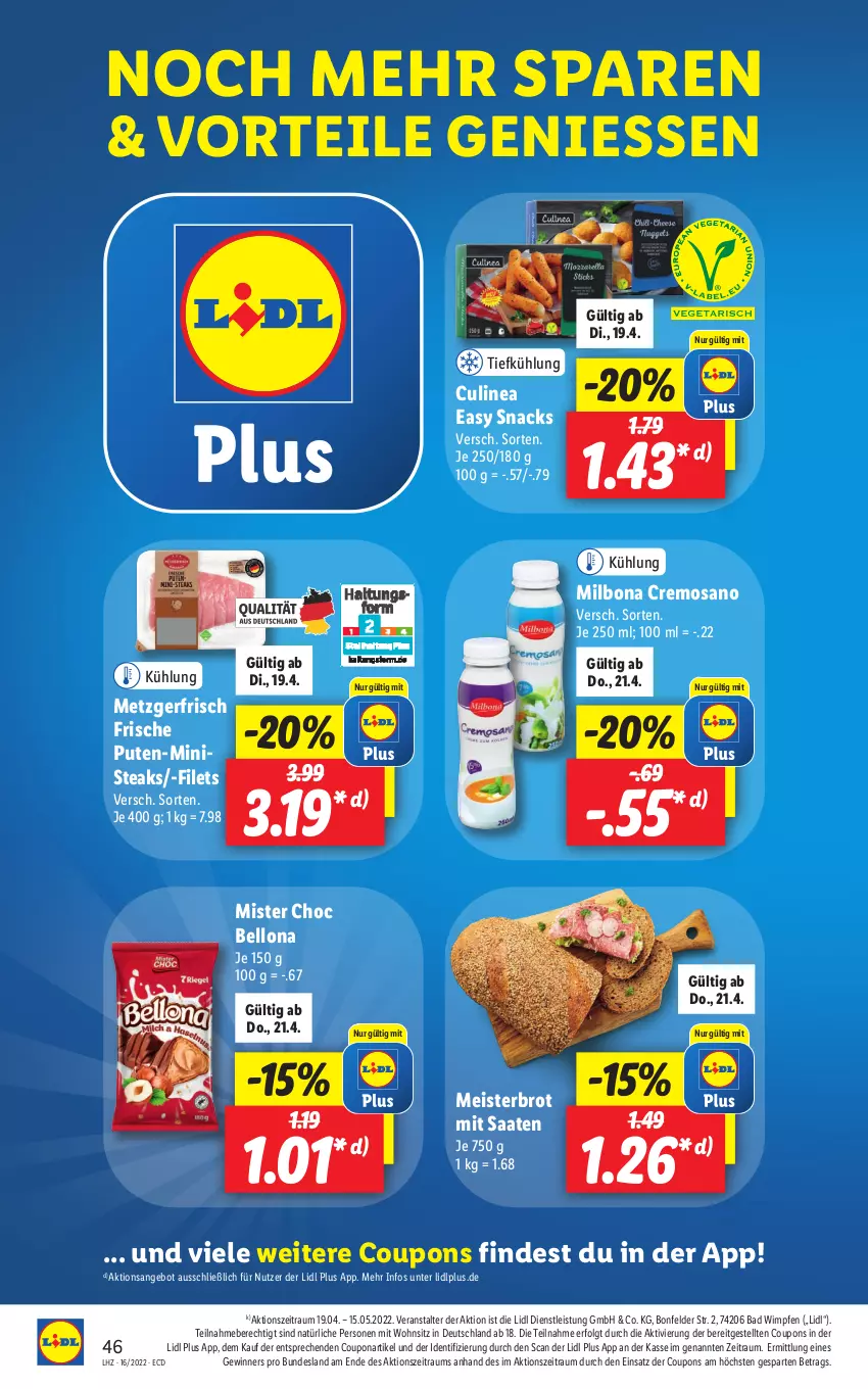 Aktueller Prospekt Lidl - Aktionsprospekt - von 19.04 bis 23.04.2022 - strona 46 - produkty: angebot, Bad, Bona, brot, coupon, coupons, eis, filet, filets, LG, Meister, Milbona, pute, snack, snacks, steak, steaks, Ti