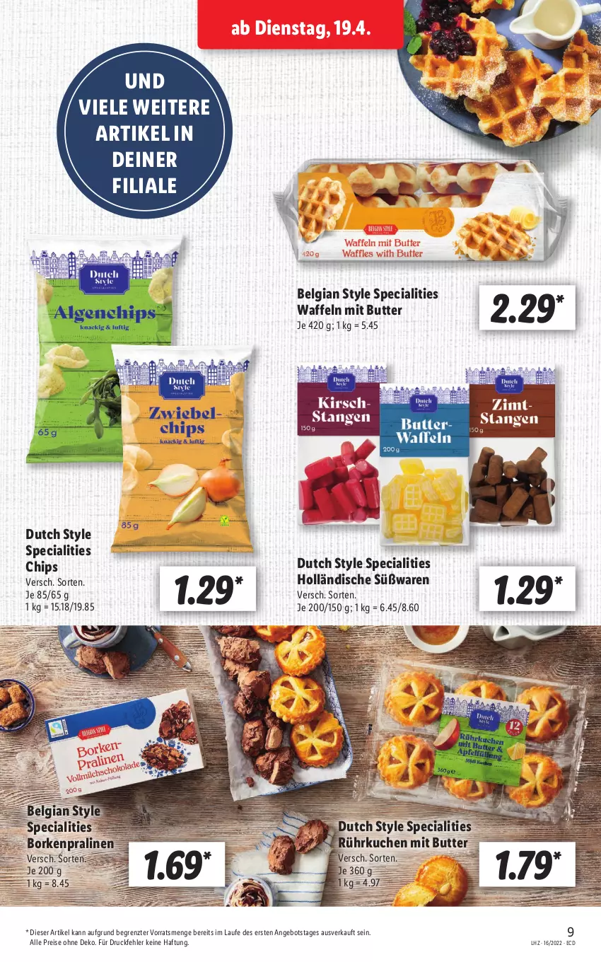 Aktueller Prospekt Lidl - Aktionsprospekt - von 19.04 bis 23.04.2022 - strona 9 - produkty: angebot, butter, chips, eis, kuchen, LG, pralinen, reis, Ti, waffeln, ZTE