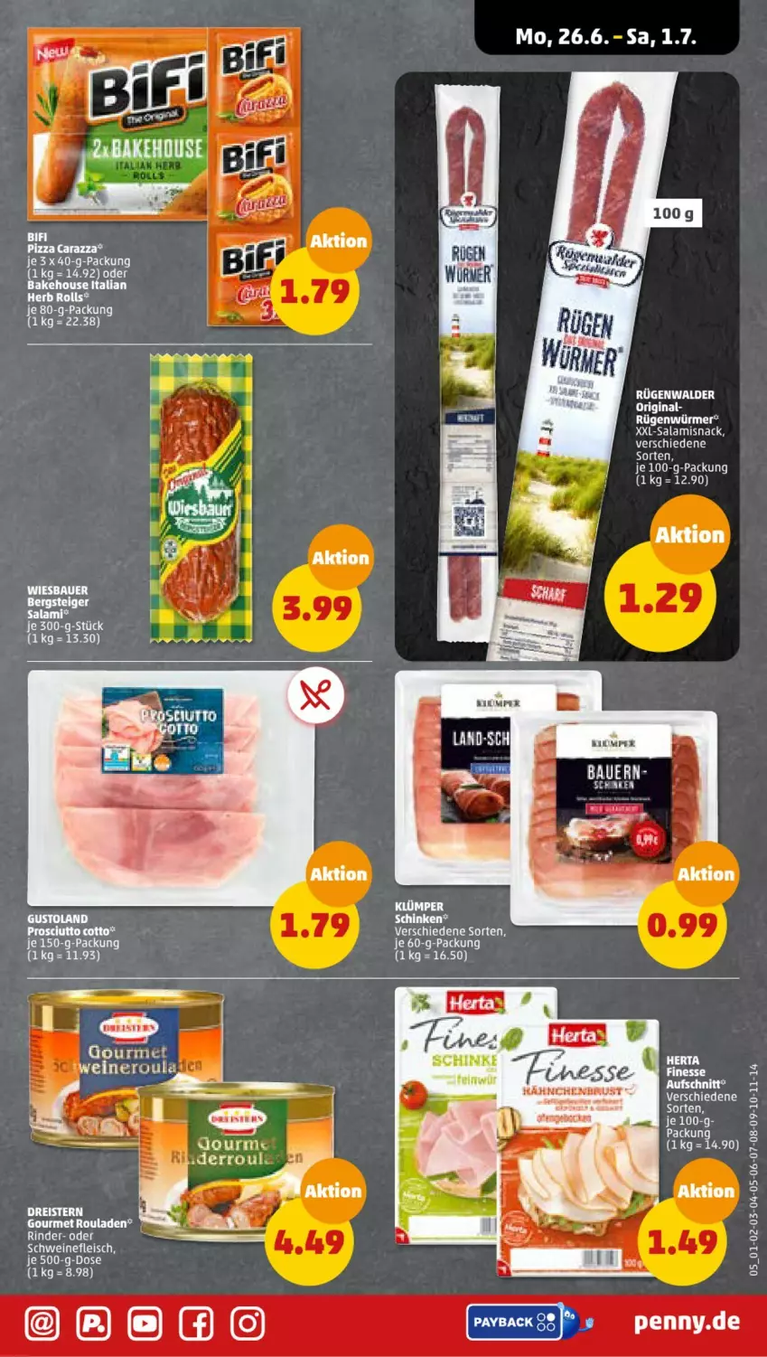 Aktueller Prospekt Penny - Prospekte - von 26.06 bis 01.07.2023 - strona 5 - produkty: auer, Bau, Bauer, dreistern, eis, fleisch, gin, olsen, pizza, reis, rind, rinder, rouladen, rügenwalder, salami, schinken, schwein, schweine, schweinefleisch, snack, tee, Ti, wein, weine, wiesbauer