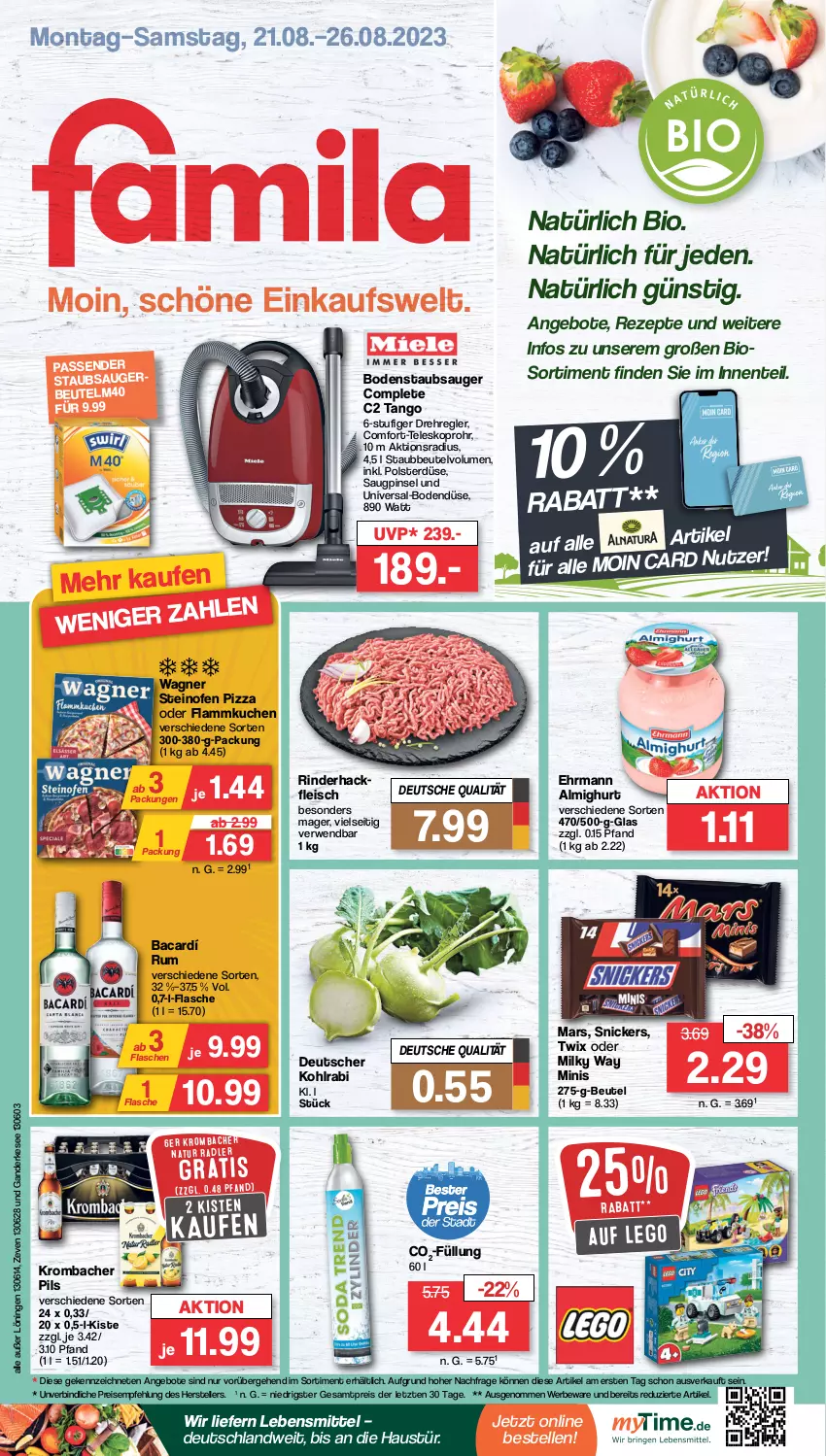 Aktueller Prospekt Famila - Prospekte - von 21.08 bis 26.08.2023 - strona 1 - produkty: almighur, almighurt, angebot, angebote, aust, beutel, bio, ehrmann, ehrmann almighurt, eis, elle, ente, flammkuchen, flasche, fleisch, hackfleisch, kohlrabi, krombache, krombacher, krombacher pils, kuchen, lamm, lebensmittel, mars, milky way, natur, Ofen, pils, Pinsel, pizza, reis, rezept, rezepte, rind, rinder, rinderhackfleisch, rum, rwe, snickers, staubbeutel, staubsauger, steinofen, steinofen pizza, Teleskop, teller, Ti, twix, wagner, ZTE