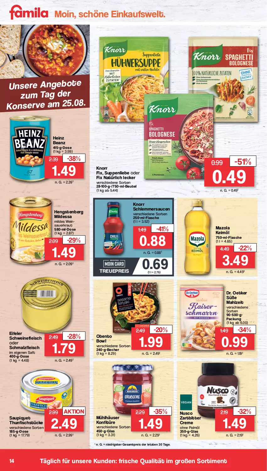 Aktueller Prospekt Famila - Prospekte - von 21.08 bis 26.08.2023 - strona 14 - produkty: angebot, angebote, auer, beanz, Becher, beutel, creme, Dr. Oetker, eis, fisch, flasche, fleisch, heinz, hengstenberg, keimöl, knorr, knorr fix, konfitüre, Kraut, malz, mazola, mühlhäuser, ohne palmöl, reis, saft, sauce, saucen, Sauerkraut, saupiquet, schlemmersauce, schlemmersaucen, Schmalz, schwein, schweine, schweinefleisch, suppe, suppen, suppenliebe, thunfisch, Ti, wein, weine, ZTE