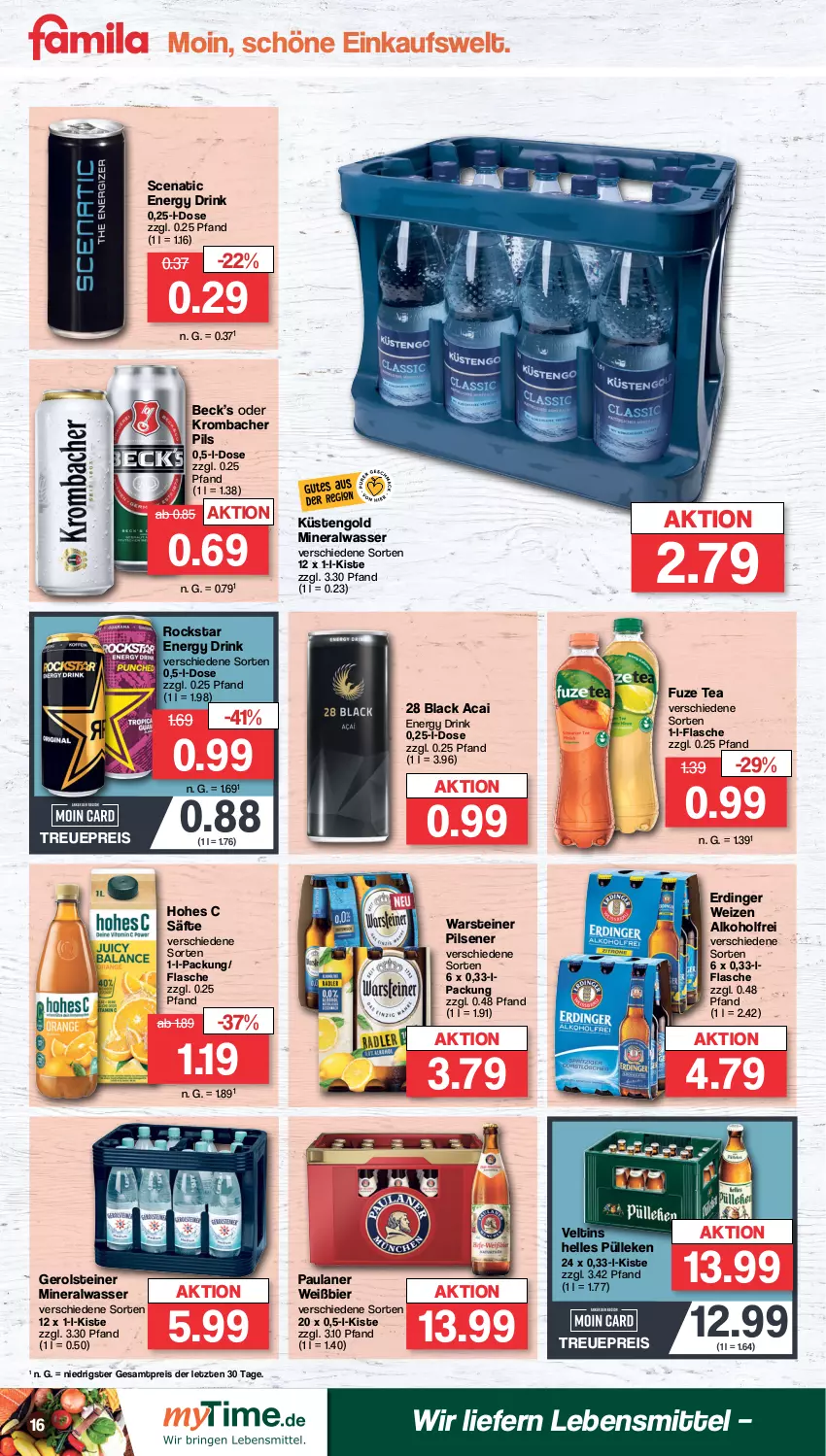 Aktueller Prospekt Famila - Prospekte - von 21.08 bis 26.08.2023 - strona 16 - produkty: alkohol, Alwa, bier, drink, eis, elle, energy drink, erdinger, flasche, fuze tea, gerolsteine, gerolsteiner, Hohes C, krombache, krombacher, krombacher pils, küstengold, lack, lebensmittel, mineralwasser, Paula, paulaner, pils, pilsener, reis, Rockstar, säfte, steiner, Ti, veltins, warsteiner, wasser, ZTE