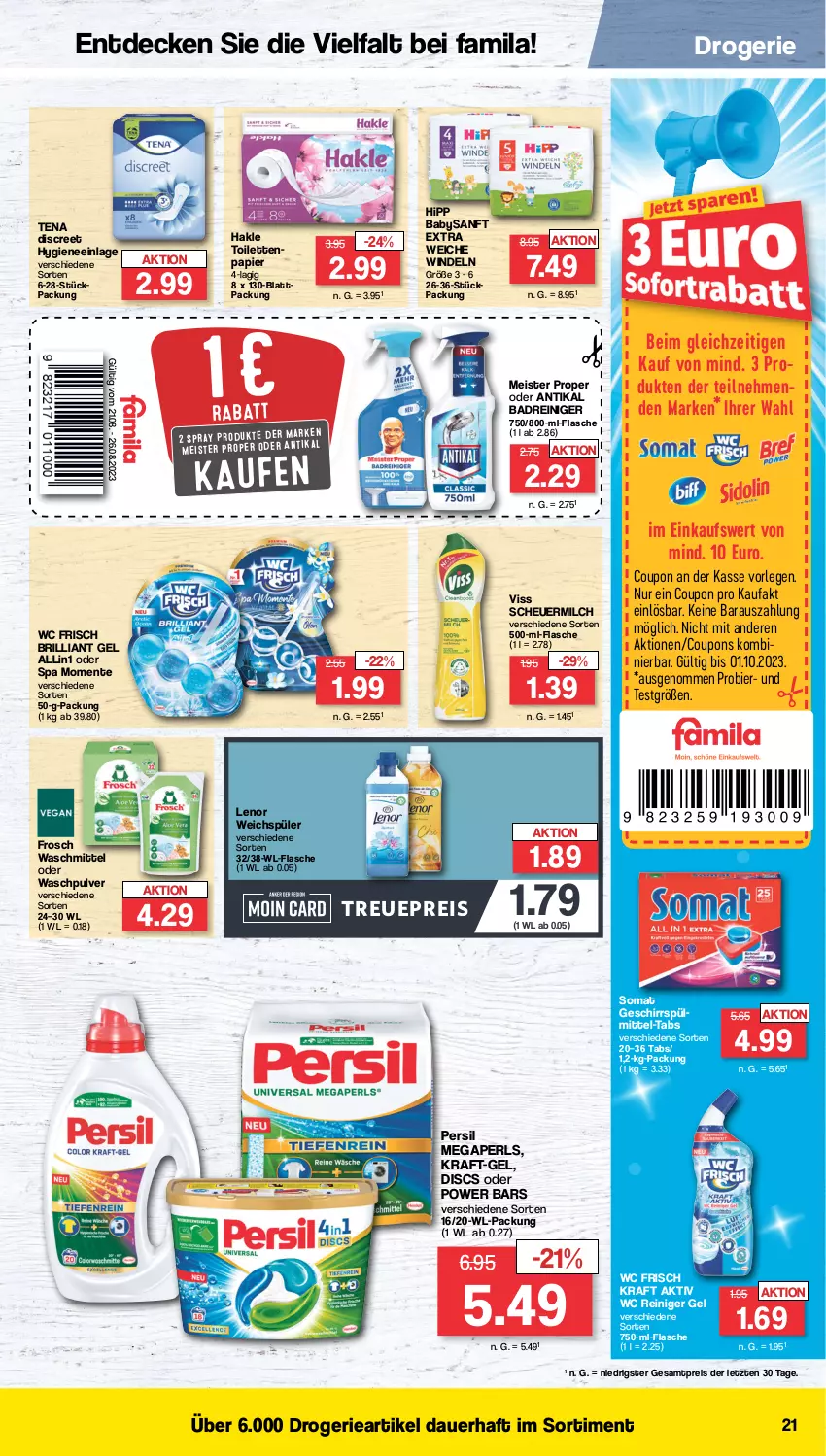 Aktueller Prospekt Famila - Prospekte - von 21.08 bis 26.08.2023 - strona 21 - produkty: auer, Bad, bier, coupon, coupons, decke, Discreet, eis, ente, flasche, Frosch, geschirr, hakle, Heu, hipp, HP, kraft, lenor, lenor weichspüler, megaperls, Meister, meister proper, milch, papier, persil, reiniger, reiniger gel, reis, scheuermilch, somat, Ti, waschmittel, Waschpulver, wc frisch, WC Frisch Kraft Aktiv, weichspüler, windeln, ZTE