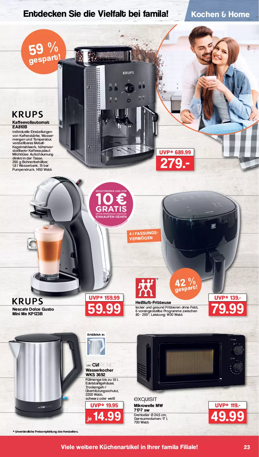 Aktueller Prospekt Famila - Prospekte - von 21.08 bis 26.08.2023 - strona 23 - produkty: auto, Behälter, bohne, bohnen, decke, dolce gusto, edelstahl, eis, elle, fritteuse, garraum, kaffee, kaffeevollautomat, Kocher, küche, Küchen, LG, mikrowelle, milch, nescafe, reis, tasse, teller, Ti, Tiere, überhitzungsschutz, wasser, wasserkocher, wassertank