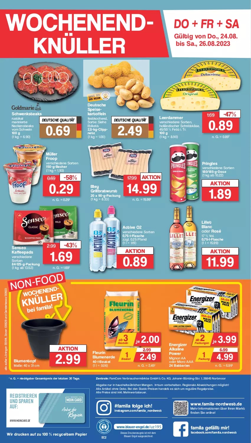 Aktueller Prospekt Famila - Prospekte - von 21.08 bis 26.08.2023 - strona 28 - produkty: auer, batterie, batterien, Becher, beutel, bley, blume, blumen, blumenerde, bratwurst, drucker, eis, energizer, Engel, erde, flasche, froop, grill, grillbratwurst, holländischer schnittkäse, kaffee, kaffeepads, kartoffel, kartoffeln, Käse, kerze, leerdammer, LG, lillet, Müller, müller froop, Nackensteak, nackensteaks, papier, pringles, Rauch, regal, reis, ring, rwe, schnittkäse, schwein, senseo, steak, steaks, Ti, topf, wein, wurst, ZTE