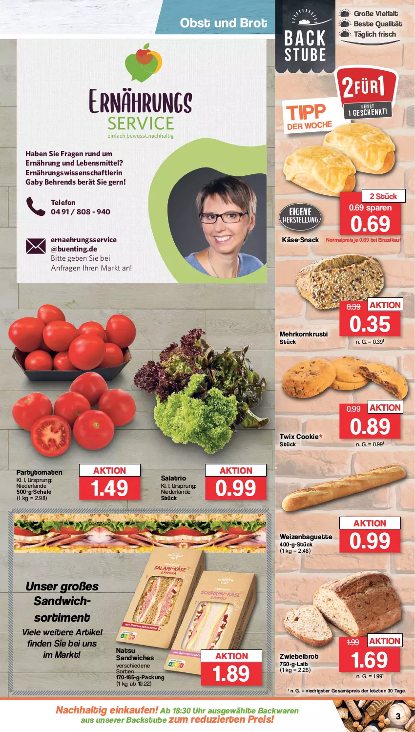 Aktueller Prospekt Famila - Prospekte - von 21.08 bis 26.08.2023 - strona 3 - produkty: backwaren, baguette, brot, cookie, eis, gsw, Käse, korn, lebensmittel, obst, reis, salat, sandwich, Schal, Schale, snack, stube, telefon, Ti, tomate, tomaten, twix, uhr, ZTE, zwiebel