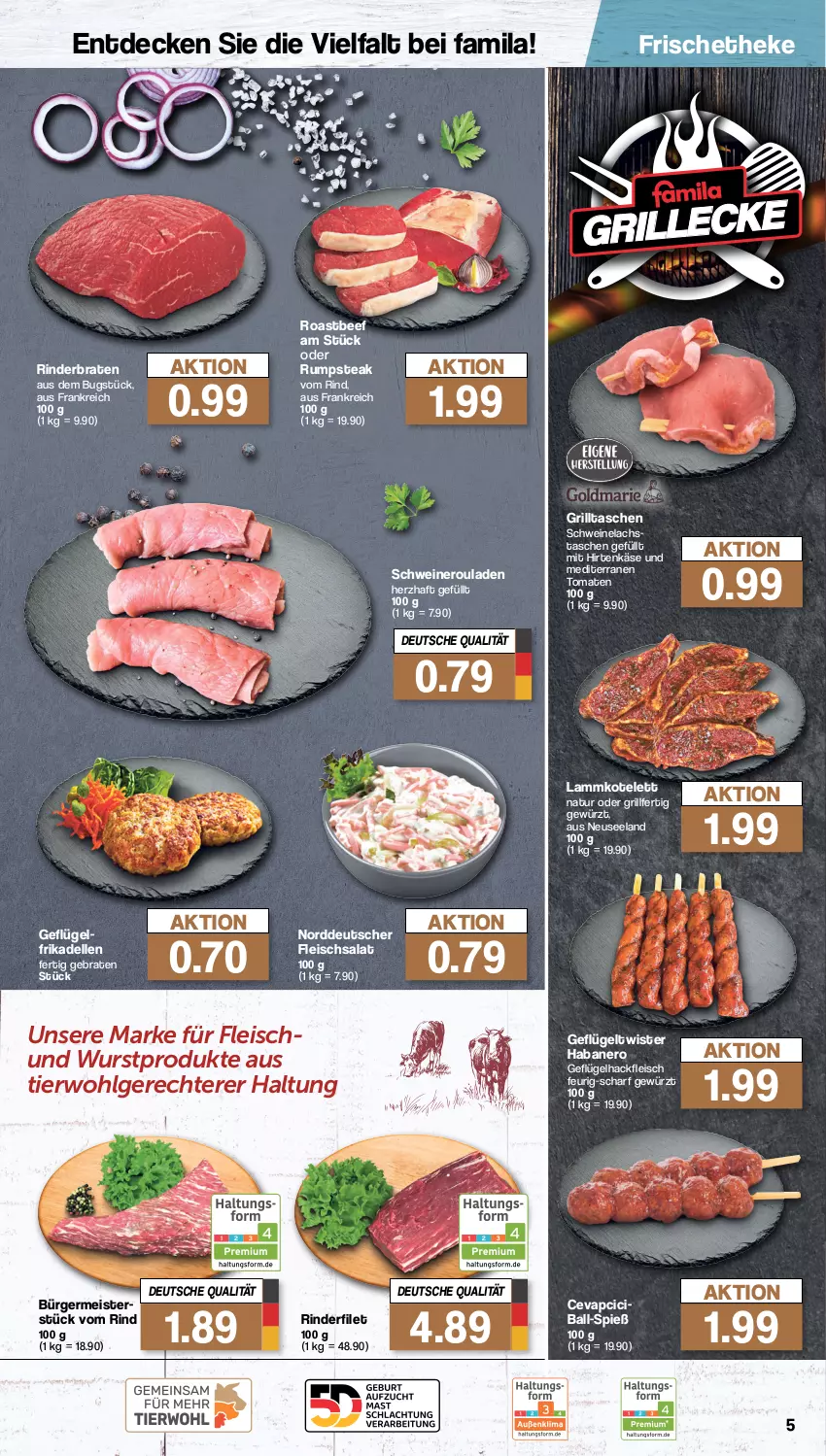 Aktueller Prospekt Famila - Prospekte - von 21.08 bis 26.08.2023 - strona 5 - produkty: ball, beef, braten, cevapcici, decke, dell, eis, Elan, elle, filet, fleisch, fleischsalat, frikadellen, Geflügel, Germ, gewürz, grill, hackfleisch, hirtenkäse, Käse, kotelett, lachs, lamm, lammkotelett, LG, Meister, natur, nero, oder rumpsteak, rind, rinder, rinderbraten, rinderfilet, roastbeef, rouladen, rum, rumpsteak, salat, schwein, schweine, Schweinelachs, Schweineroulade, steak, Tasche, taschen, Ti, tomate, tomaten, wein, weine, wurst