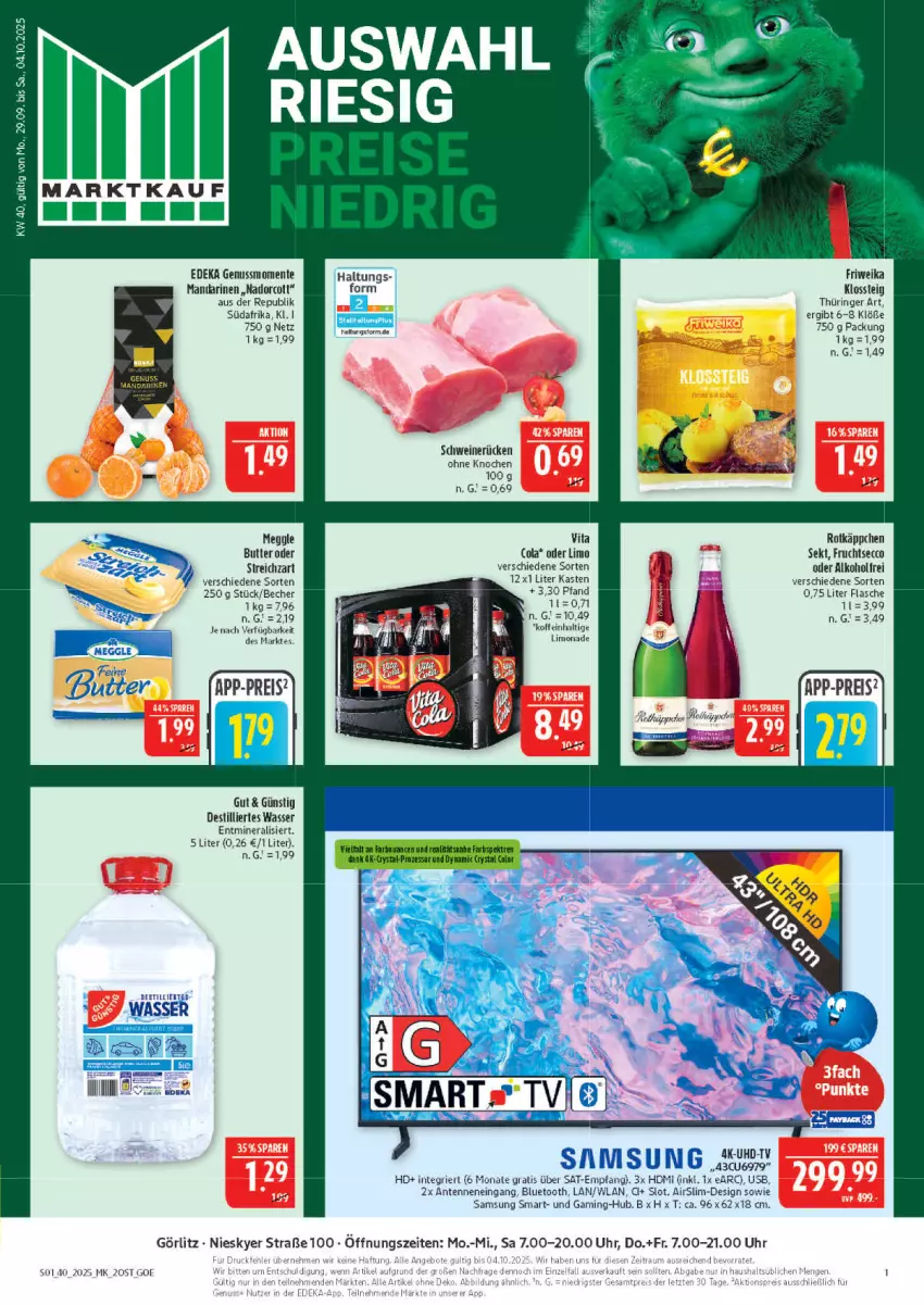 Aktueller Prospekt Marktkauf - Prospekt - von 28.09 bis 04.10.2025 - strona 1 - produkty: alkohol, Becher, butter, cola, deka, ecco, ente, flasche, frucht, fruchtsecco, HDMI, limo, limonade, meggle, nuss, ring, rotkäppchen, Samsung, schwein, schweine, schweinerücken, sekt, Streichzart, Ti, uhr, usb, vita, wasser, wein, weine
