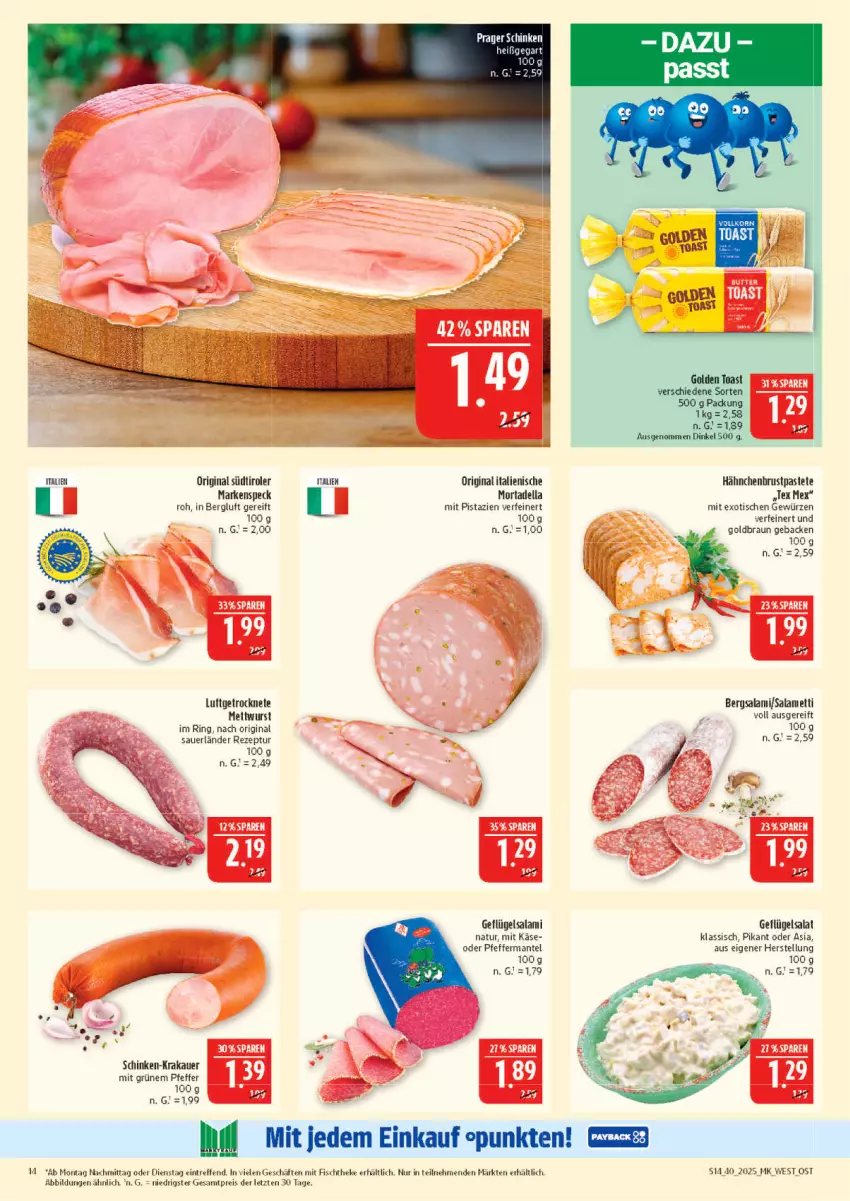 Aktueller Prospekt Marktkauf - Prospekt - von 28.09 bis 04.10.2025 - strona 14 - produkty: auer, braun, dell, eis, fisch, fischtheke, geback, Geflügel, geflügelsalat, gewürz, gin, golden toast, Käse, korn, krakauer, Mantel, Mett, mettwurst, mit pistazien, mortadella, natur, pastete, pfeffer, pistazien, reis, rezept, ring, salami, salat, schinken, Speck, südtiroler, Ti, tisch, toast, wurst, ZTE