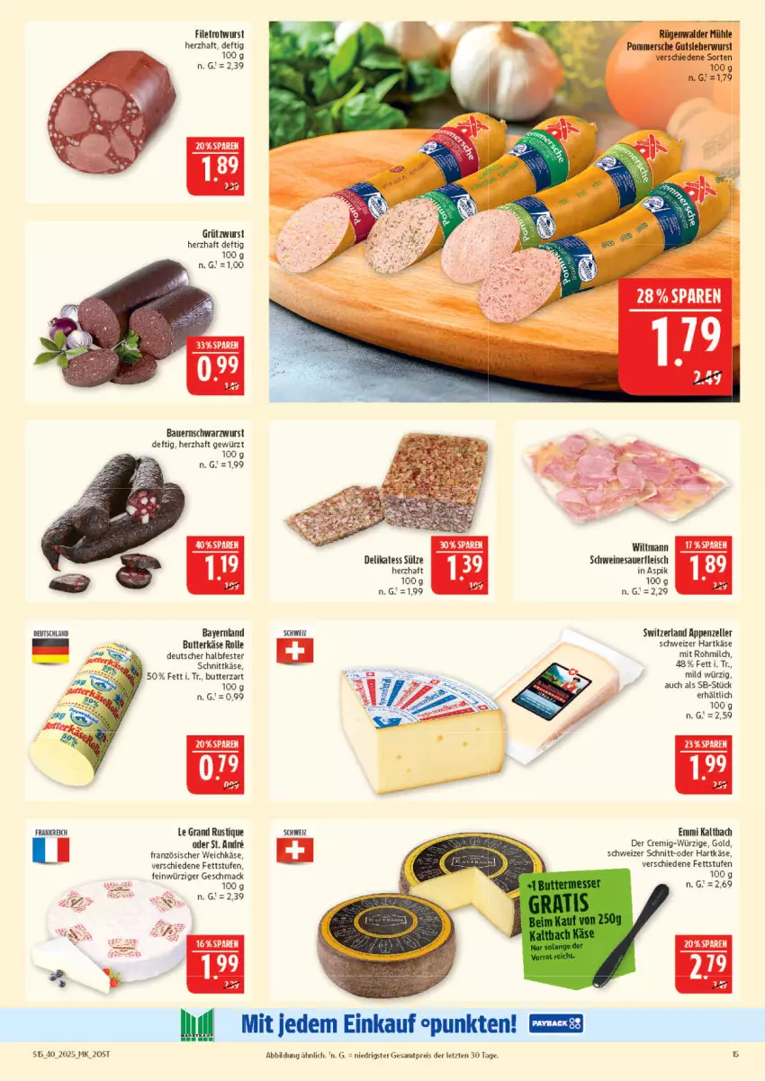 Aktueller Prospekt Marktkauf - Prospekt - von 28.09 bis 04.10.2025 - strona 15 - produkty: appenzeller, auer, Bau, Bauer, butter, butterkäse, eis, elle, emmi, filet, fleisch, französischer weichkäse, gewürz, gutsleberwurst, halbfester schnittkäse, hartkäse, Käse, leberwurst, mac, milch, Pommersche, reis, Rotwurst, rügenwalder, rügenwalder mühle, schnittkäse, Schwarzwurst, schwein, schweine, schweizer hartkäse, Ti, weichkäse, wein, weine, wiltmann, wurst, ZTE