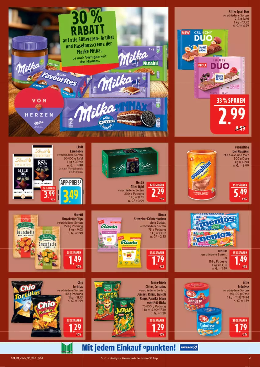 Aktueller Prospekt Marktkauf - Prospekt - von 28.09 bis 04.10.2025 - strona 21 - produkty: after eight, Bruschette, chips, creme, eis, elle, erdnüsse, Frit-Sticks, haselnuss, Haselnusscreme, Heu, kakao, kräuter, lindt, malz, mentos, milka, nuss, paprika, reis, ring, ritter, ritter sport, Sport, Ti, tortilla, tortillas, ültje, ültje erdnüsse, zucker