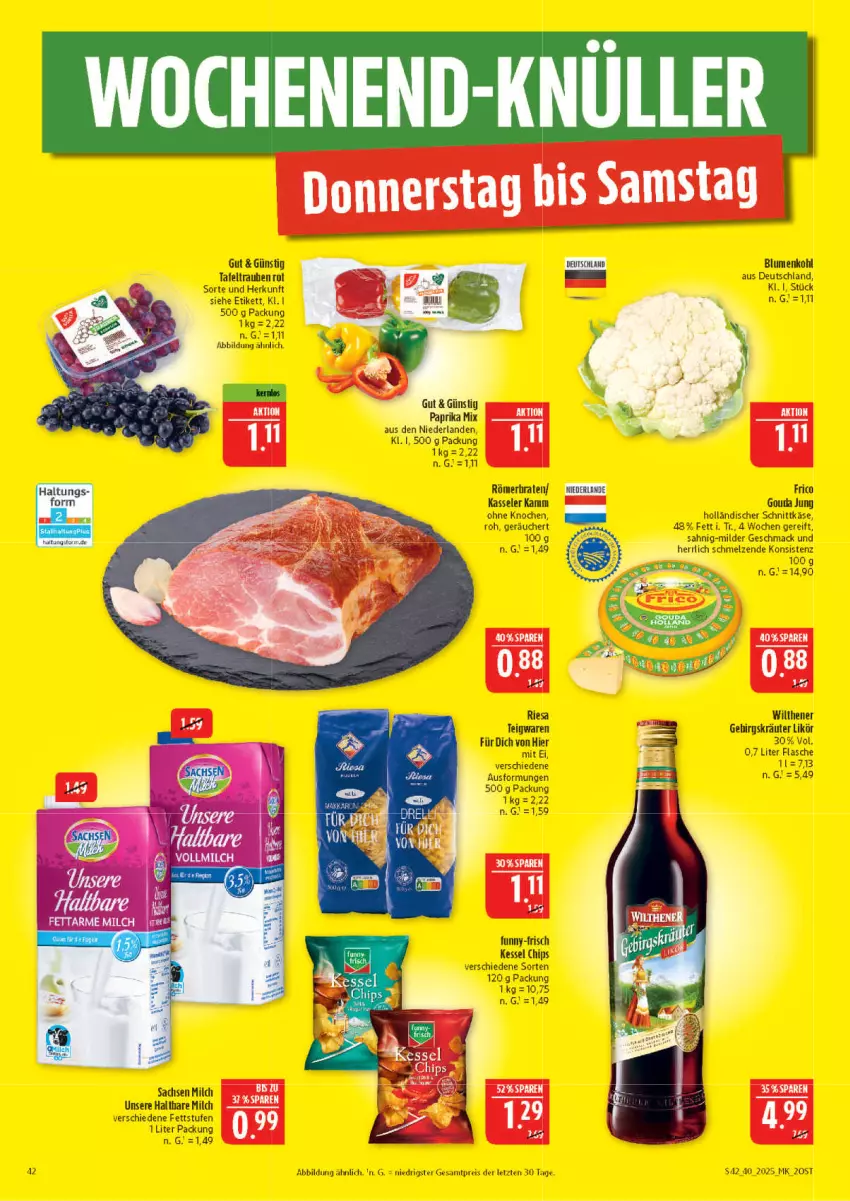 Aktueller Prospekt Marktkauf - Prospekt - von 28.09 bis 04.10.2025 - strona 42 - produkty: blume, blumen, blumenkohl, braten, chips, eis, flasche, frico, funny-frisch, gouda, gouda jung, holländischer schnittkäse, Käse, kasseler, kräuter, likör, mac, milch, paprika, paprika mix, reis, riesa, sac, schnittkäse, tafeltrauben, tee, teigwaren, Ti, trauben, wilthener, ZTE