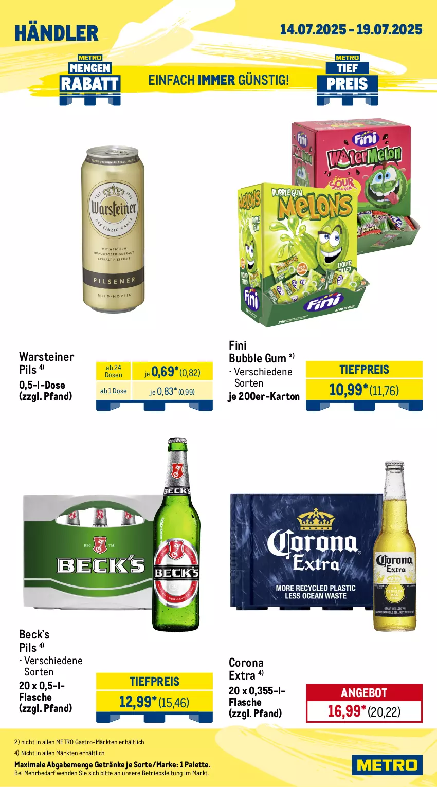 Aktueller Prospekt Metro - Wochen-Angebote Händler - von 14.07 bis 19.07.2025 - strona 5 - produkty: angebot, corona, corona extra, eis, flasche, getränk, getränke, Metro, metro gastro, Palette, pils, reis, steiner, Ti, tiefpreis, warsteiner
