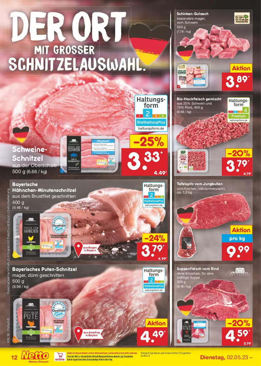 Aktueller Prospekt Netto Marken-Discount - Filial-Angebote - von 02.05 bis 06.05.2023 - strona 12 - produkty: bestpreis, bio, Bio-Hackfleisch, brustfilet, eis, filet, fleisch, gulasch, hackfleisch, hackfleisch gemischt, jungbullen, minutenschnitzel, ndk, pute, reis, rind, Schal, Schale, schinken, schnitten, schnitzel, schwein, schweine, schweine-schnitzel, schweineschnitzel, suppe, suppen, suppenfleisch, tafelspitz, Ti, wein, weine, wurst, wurst in selbstbedienung